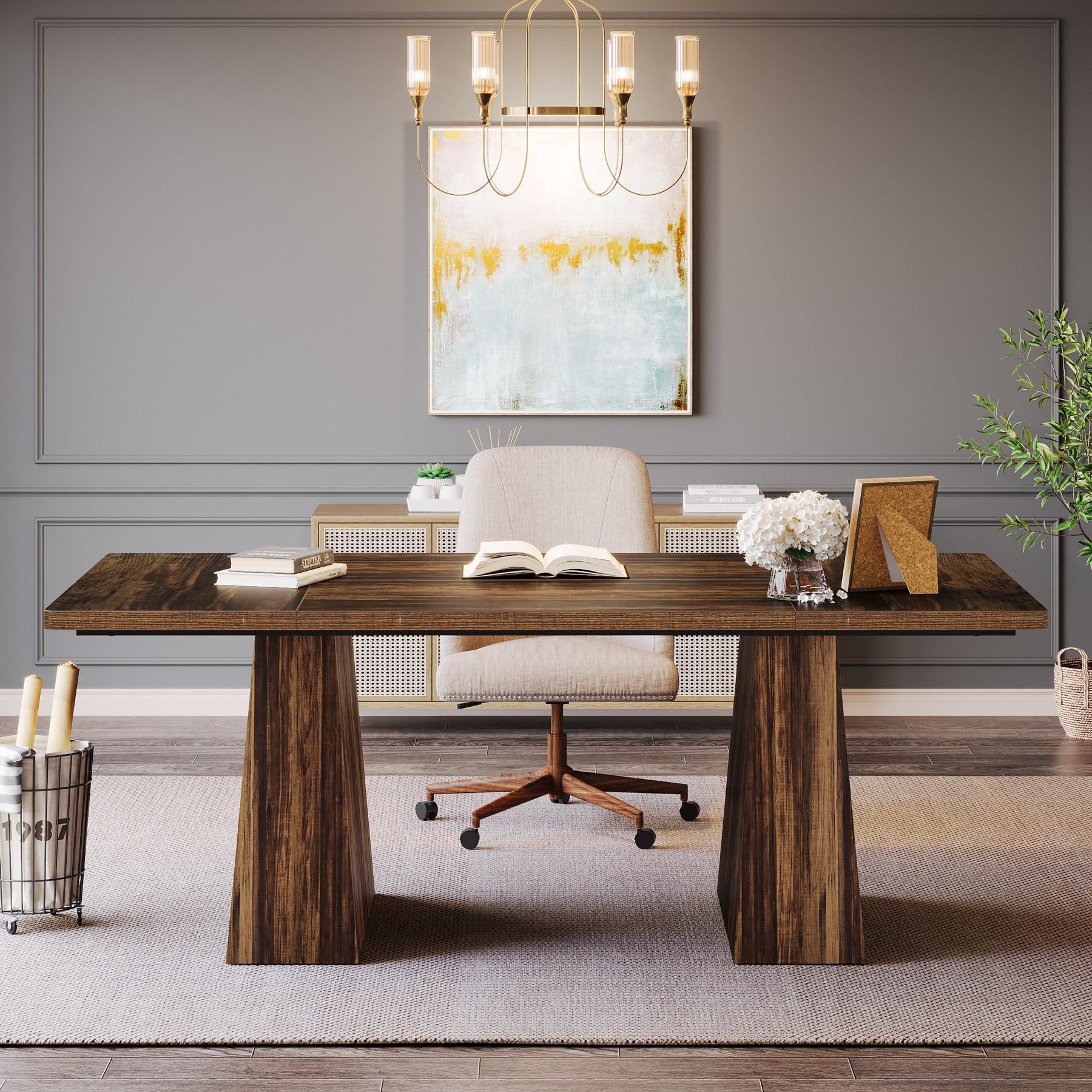 Tribesigns 63-Inch Executive Desk, Large Office Computer Desk with Double Pedestal, Modern Simple Workstations Writing Table Conference Table Business Furniture for Home Office, Rustic Brown - Image 3