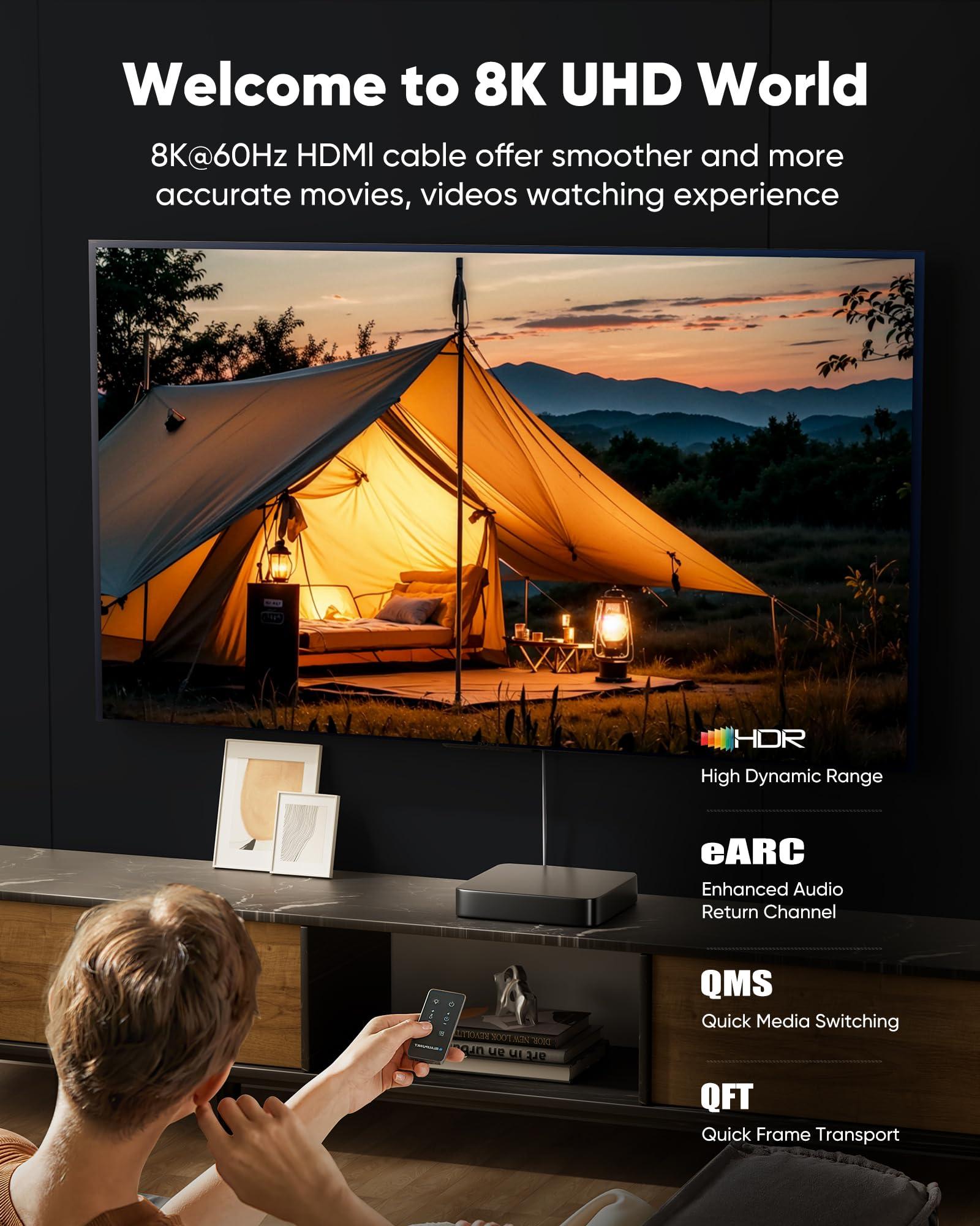 Capshi 6.6ft 8K 4K@120Hz HDMI Cable 2.1, 48Gbps High Speed Cord for PS5/4, TV, Gaming Console, Monitor, 8K@60Hz, 2K@240Hz, 144Hz, Support HDR, eARC, DTS:X, HDCP 2.2 & 2.3, Braided, Grey - Image 2