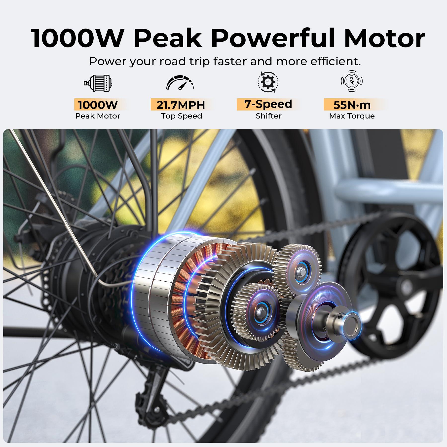 Funhang Electric Bike for Adults, 1000W Peak Ebike, 21.7MPH 50Miles City Cruiser Ebikes, 26" Step Thru Electric Bicycle with 48V Removable Battery, Adjustable Stem, Rear Rack, Front Suspension,7 Speed - Image 2