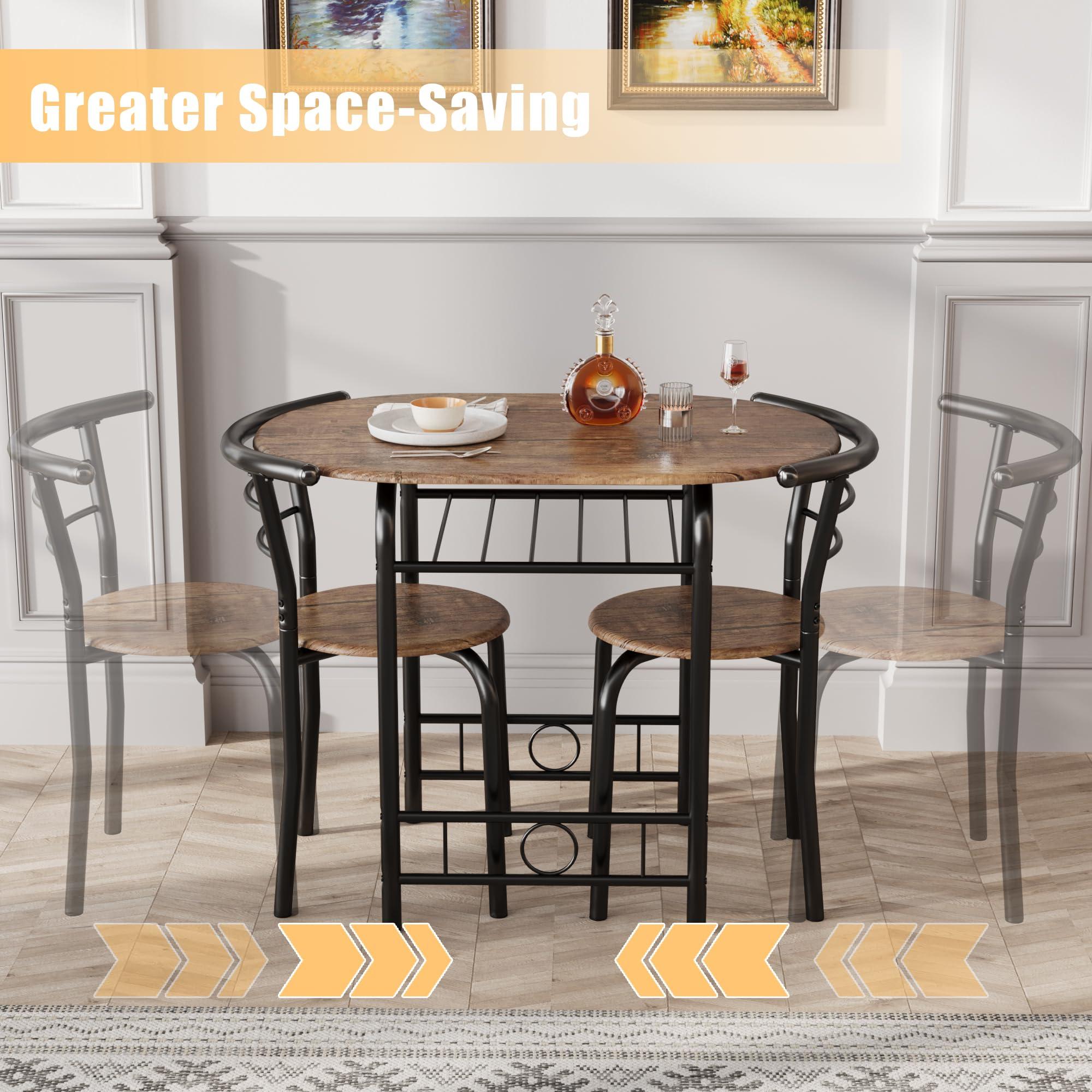 JUMMICO 3-Piece Wooden Round Table & Chair Set, Space Saving Kitchen Breakfast Nook Wood Grain Tabletop with Metal Frame and Built-in Wine Rack for Kitchen, Dining Room (Brown/Black) - Image 4