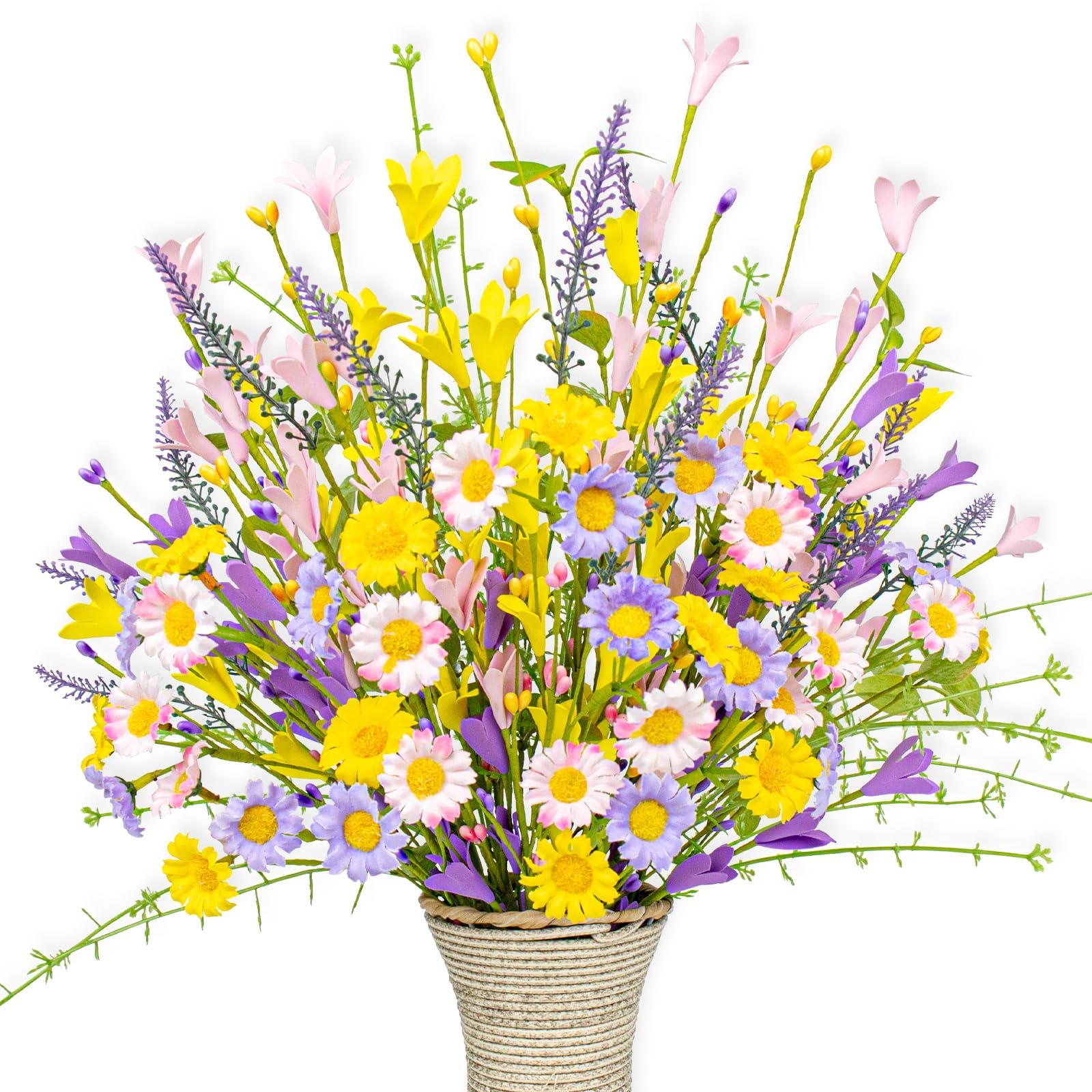 JINGHONG Artificial Spring Flowers 12 Pack Floral Picks 17” Flower Stems with Forsythia and Green Leaves for Spring Summer Flower Arrangements Centerpieces Indoor Outdoor Decorations
