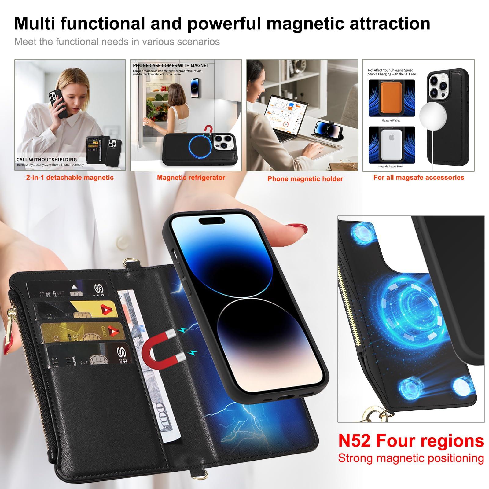 EEIFO for iPhone 16 Pro(6.3 inches) Detachable Wallet Case with Crossbody.Multi-Function 2 in 1 Magnetic Wallet Case with Card Holder.Flip Strap Zipper Phone Case with Shoulder Straps Black - Image 3