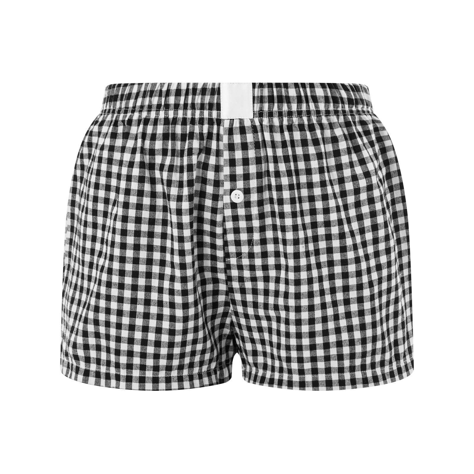Women Gingham Boxer Shorts Y2k Cute Stripes Plaid Button Elastic Waist Lounge Boxers - Image 6
