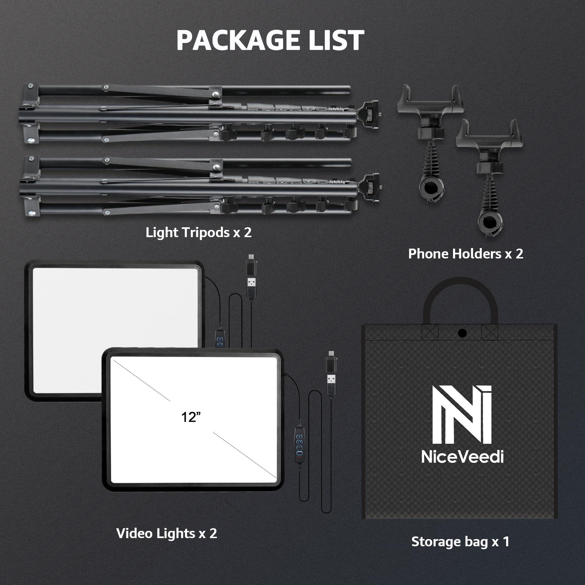 2-Pack LED Video Light Kit, NiceVeedi Studio Light, 2800-6500K Dimmable Photography Lighting Kit with Tripod Stand&Phone Holder, 73" Stream Light for Video Recording, Game Streaming, YouTube - Image 8