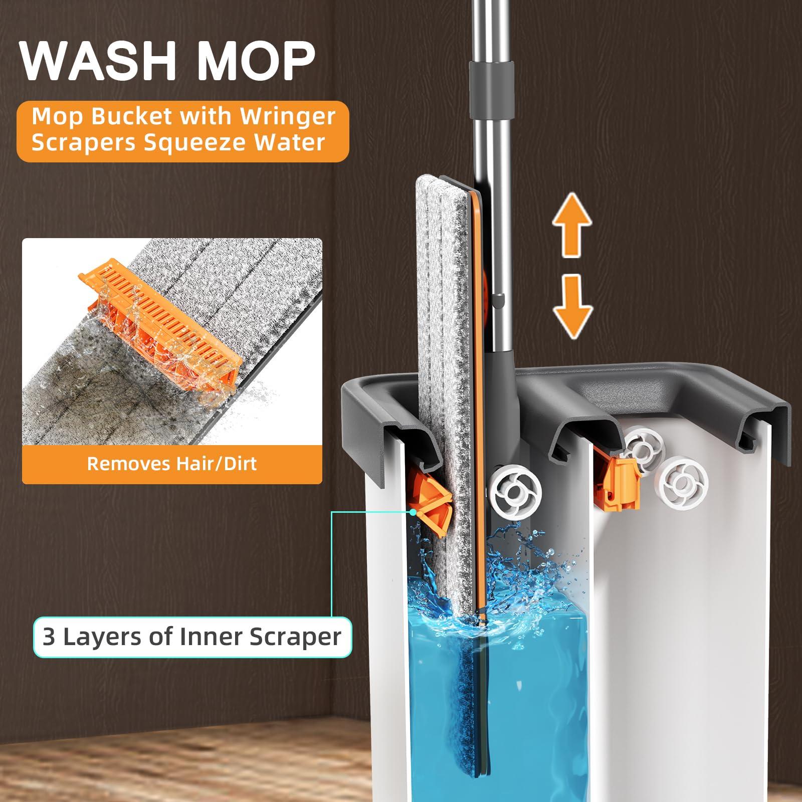 Mop and Bucket with Wringer Set for Home,61" Flat Mop and Bucket System for Floor Cleaning,Wet Dry Mop Window Wall Cleaner with Long Handle,Floor Mop with 4 Washable Microfiber Pads - Image 2