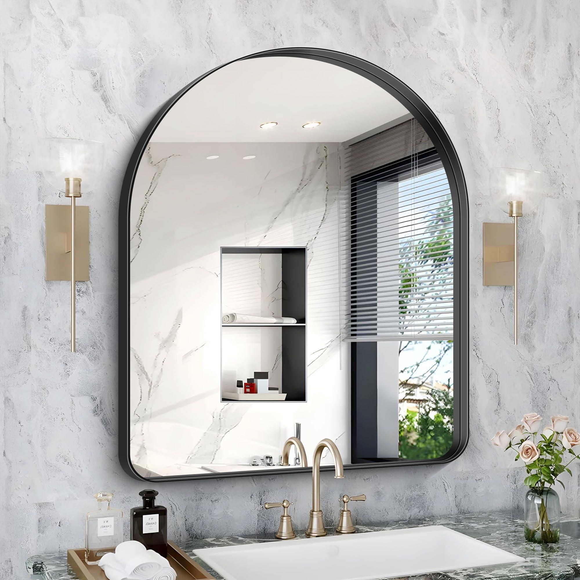 NIMURY Arched Wall Mirror, 30"×36" Bathroom Mirror Black Deep Frame, Modern Dresser Mirror Wall Mounted Decor Metal Frame for Bedroom Living Room Entryway Fireplace Mantel Dining Room