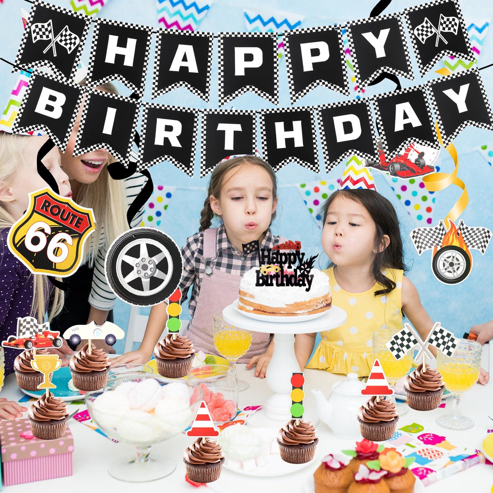 25Pcs Race Car Birthday Party Decorations Set Include Race Car Happy Birthday Banner Race Car Birthday Cupcake Toppers Race Car Garland Hanging Swirls Racing Themed Birthday Party Supplies - Image 2
