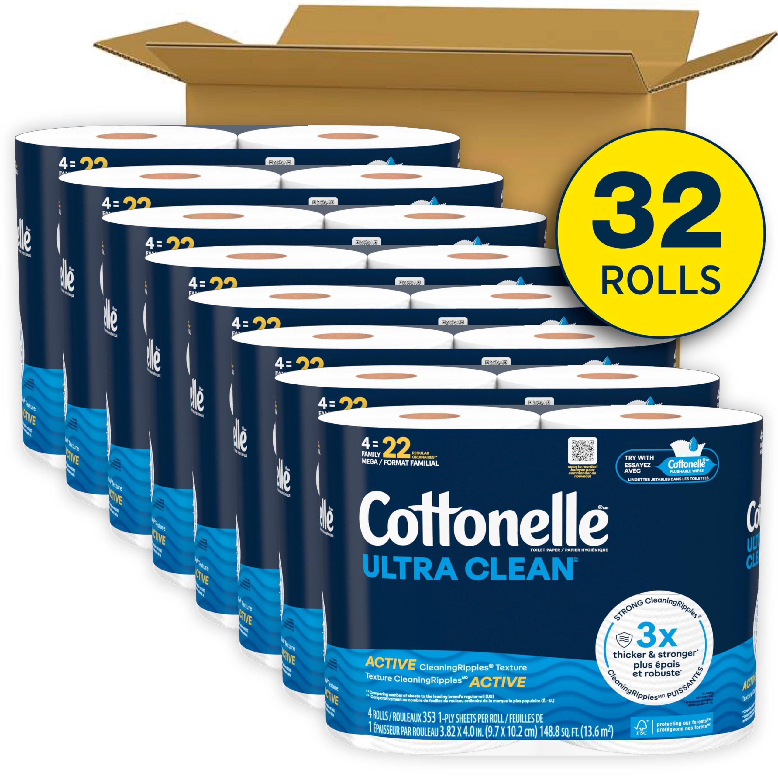 Cottonelle Ultra Clean Toilet Paper with Active CleaningRipples Texture, Strong Bath Tissue, 32 Family Mega Rolls = 176 Regular Rolls (8 Packs of 4) - Image 2
