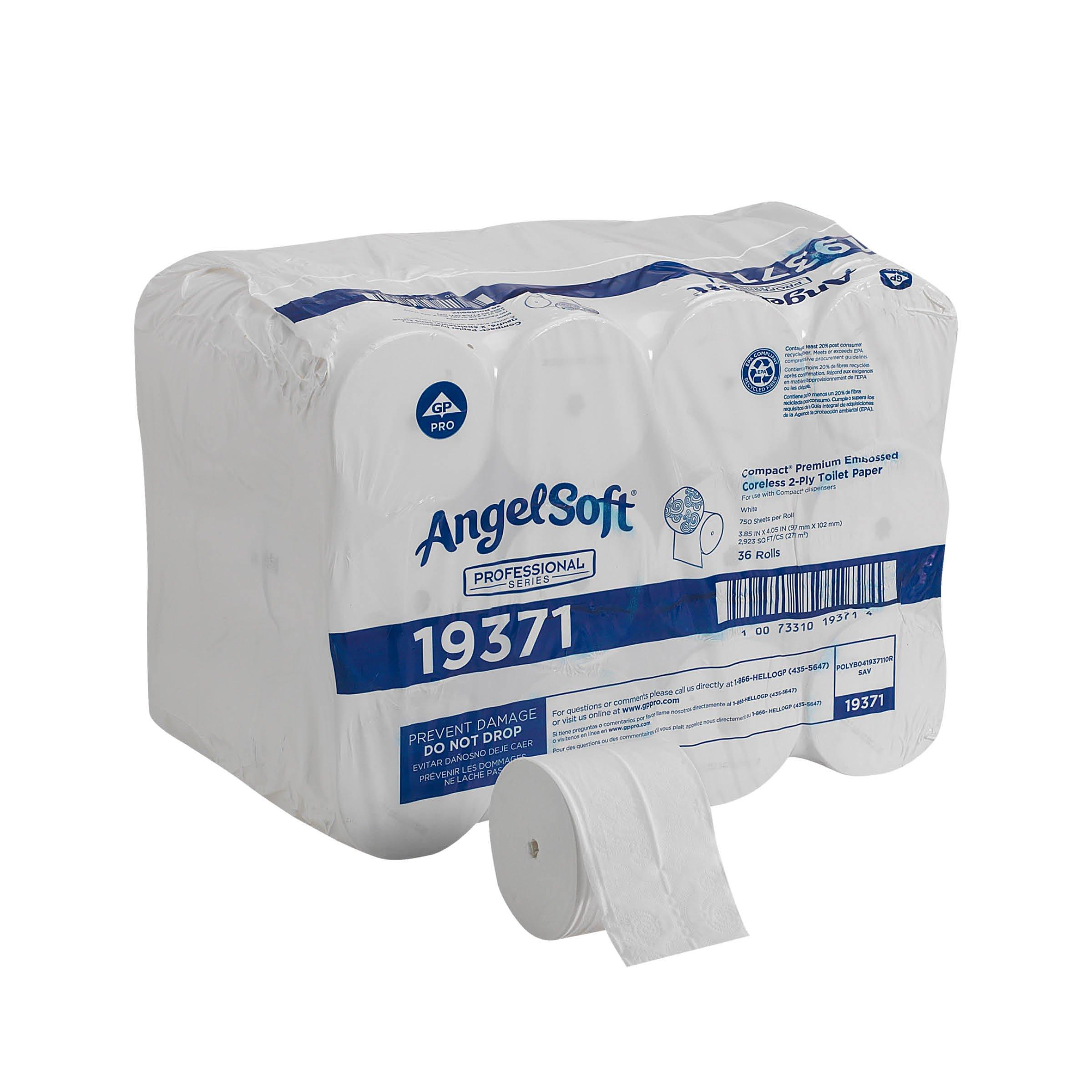 Georgia-Pacific Angel Soft Professional Series Compact Premium Embossed Coreless 2-Ply High-Capacity Toilet Paper by GP PRO,White,19371,750 Sheets Per Roll,36 Rolls Per Case