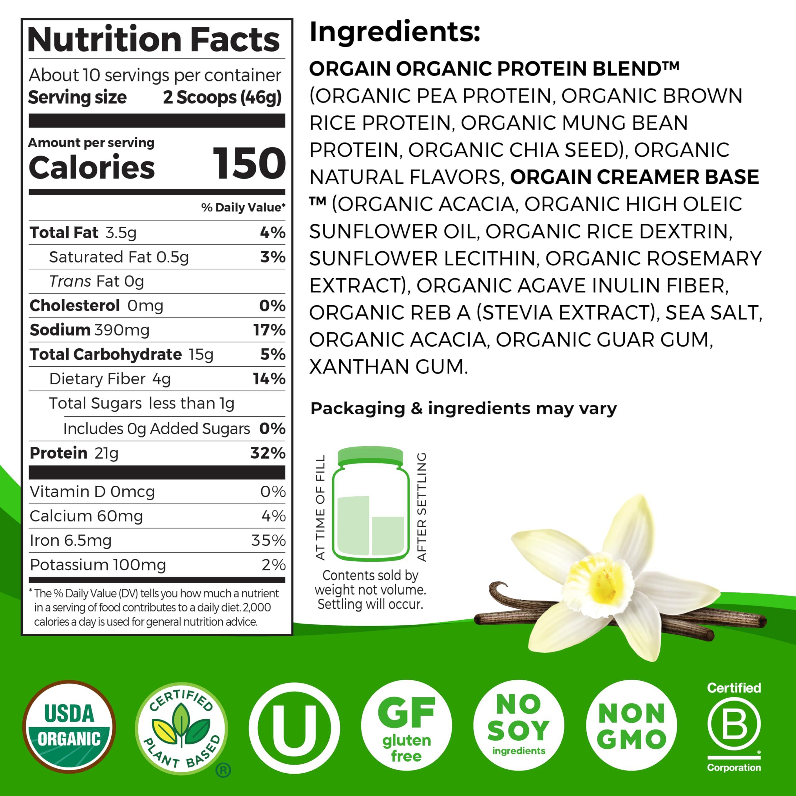Orgain Organic Vegan Protein Powder, Vanilla Bean - 21g Plant Based Protein, 4g Prebiotic Fiber, No Lactose Ingredients, No Added Sugar, Non-GMO, For Shakes & Smoothies, 1.02 lb (Packaging May Vary) - Image 2