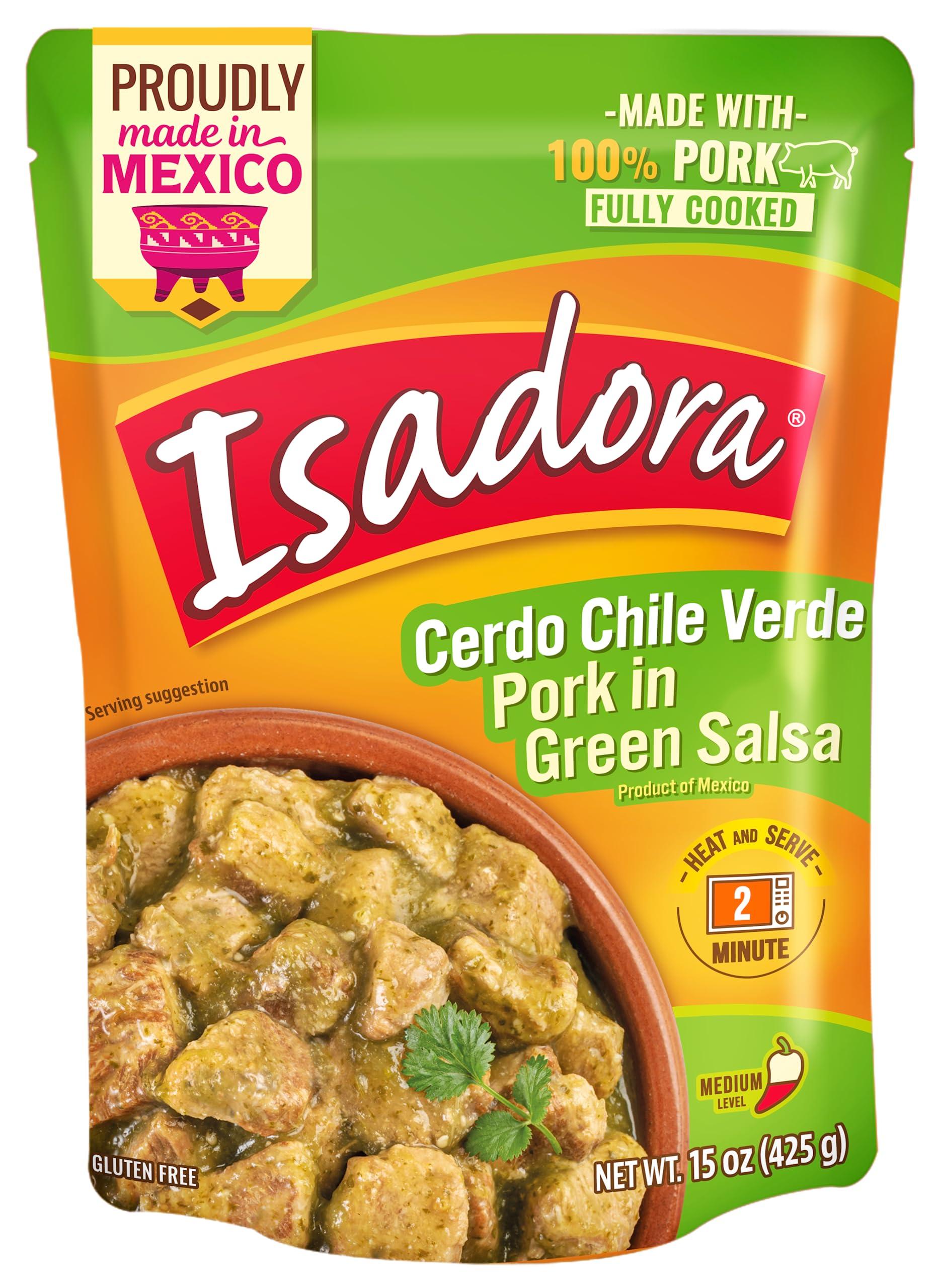 Isadora Fully Cooked Pork Chile Verde 15 oz, Ready-to-eat, no refrigeration needed.