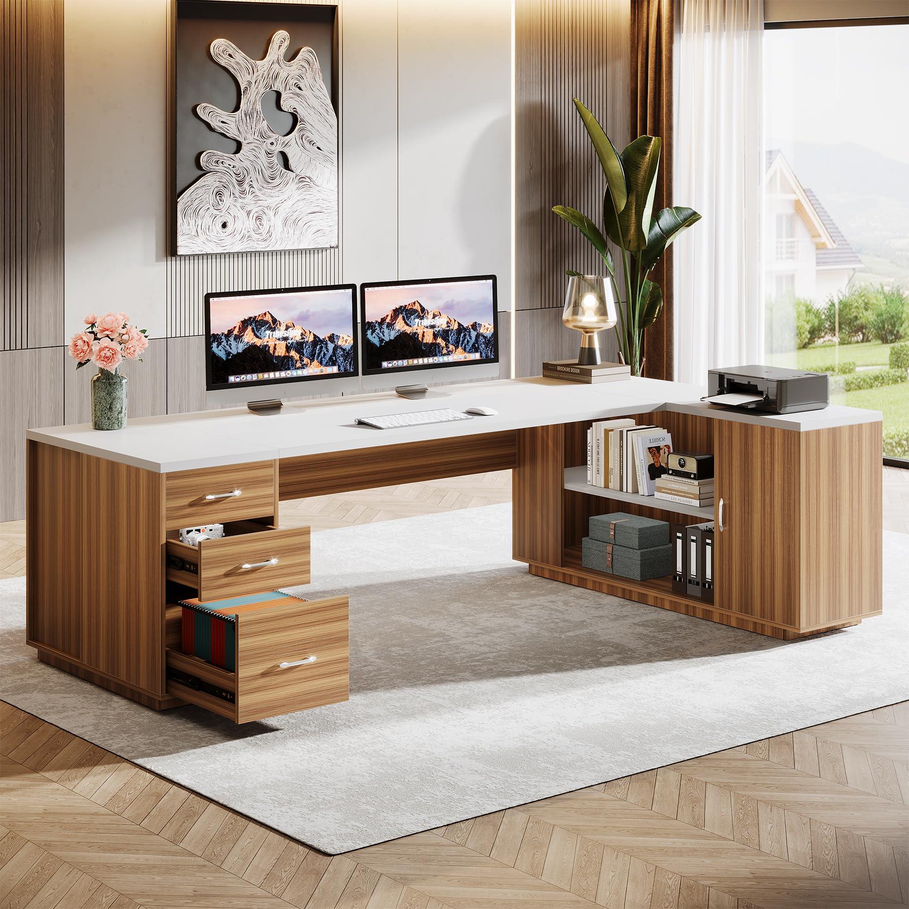 Tribesigns 85.8" L-Shaped Executive Desk, Extra Large Office Desk with File Drawers, Modern Business Furniture, Computer Desk Workstation with Door Cabinet, Shelves for Home Office, White & Brown