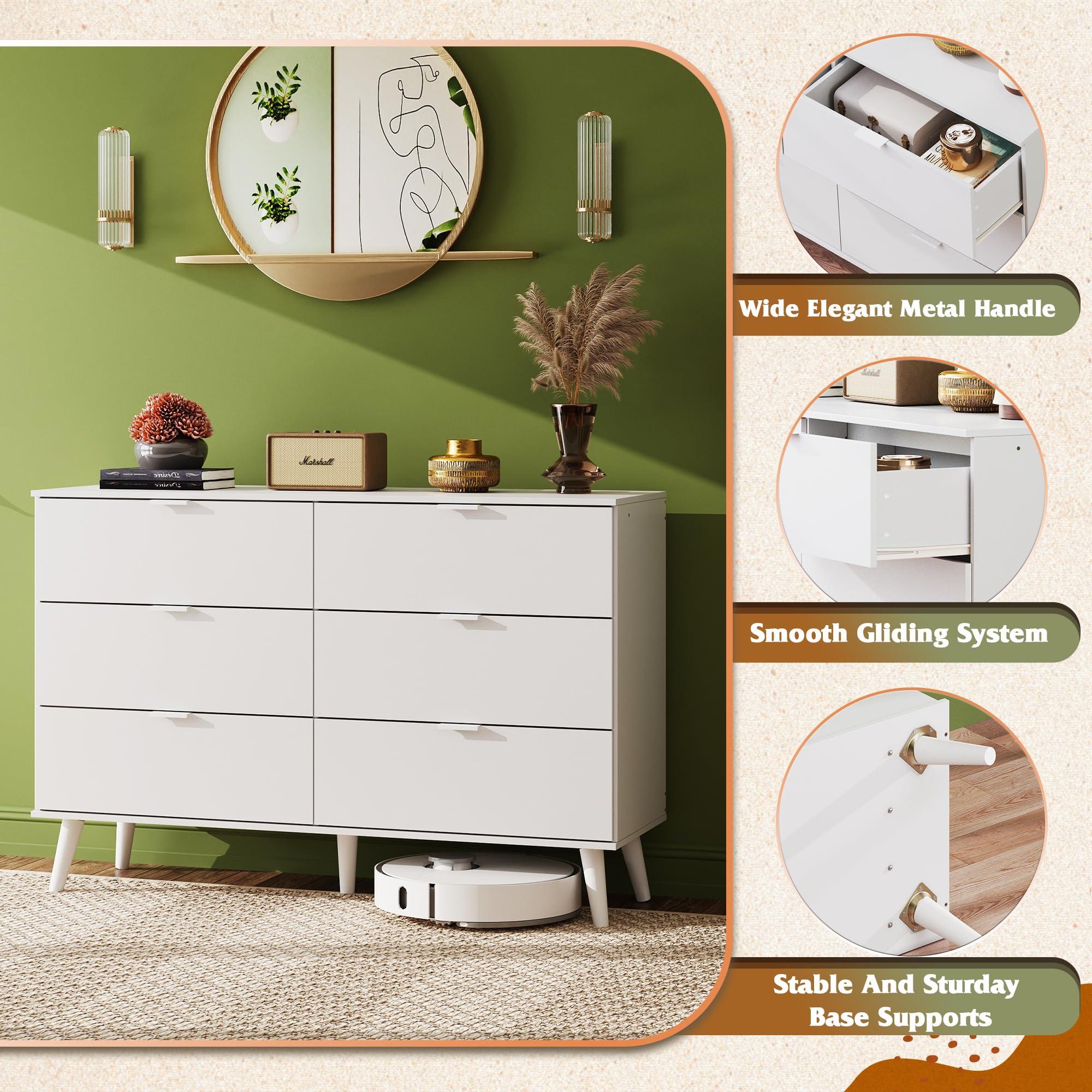 WLIVE 6 Drawer Dresser for Bedroom, 47.24'' Wide Wood White Dresser, Storage Organizer with Sturdy Metal Handle, TV Stand for 55 inch TV, Chest of Drawers for Living Room, Hallway, Closet - Image 7
