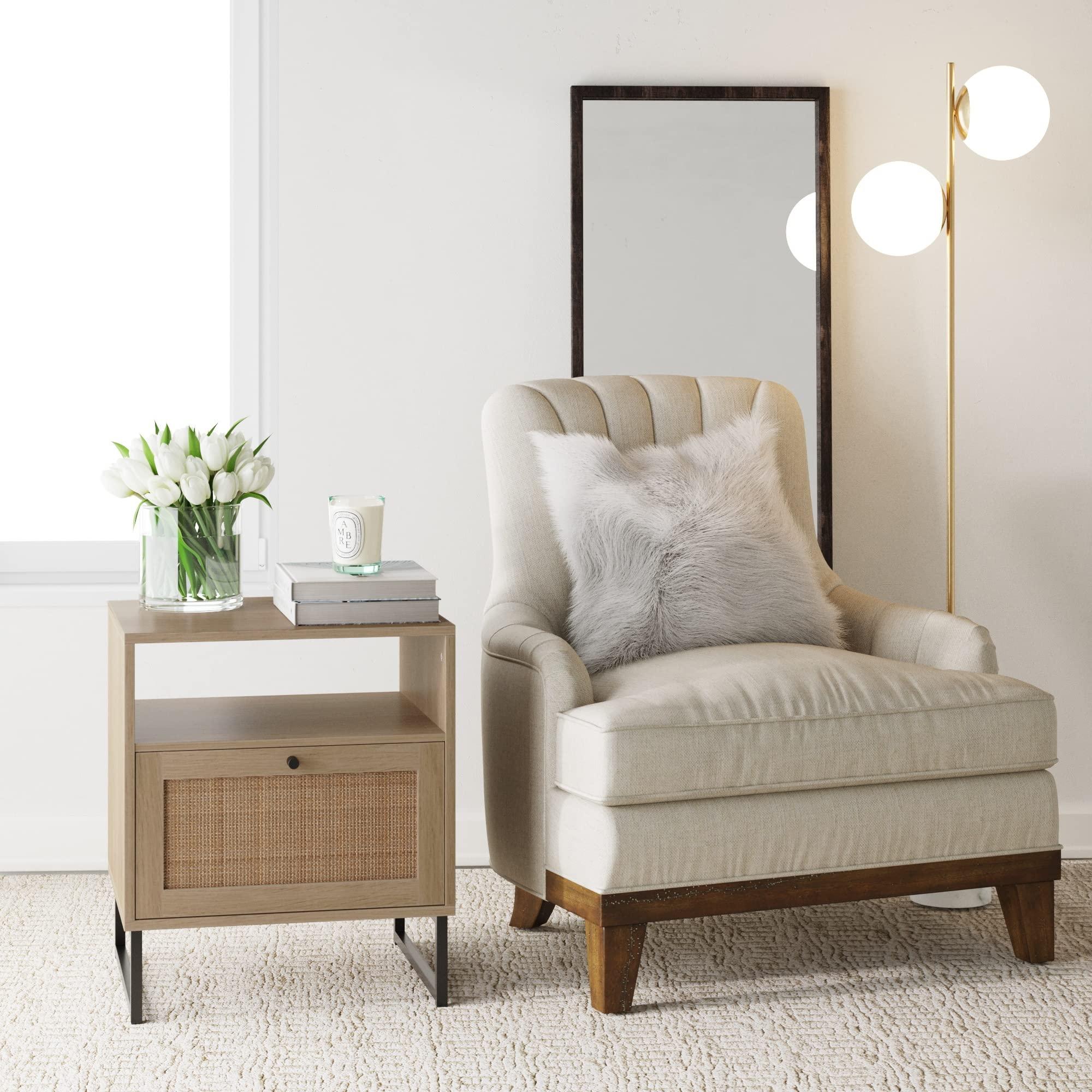 Nathan James Mina Rattan Wood End Side Accent Table Nightstand with Storage for Living Room or Bedroom, 1, Oak/Black - Image 3