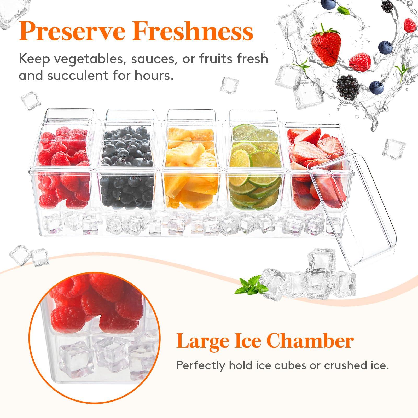 Lifewit Ice Chilled Condiment Caddy with 5 Containers(2.5 cup), Condiment Server with Separate Lids, Serving Tray Platter with Removable Dishes for Bar Accessories, Fruit, Salad, Taco, Party Garnish - Image 5