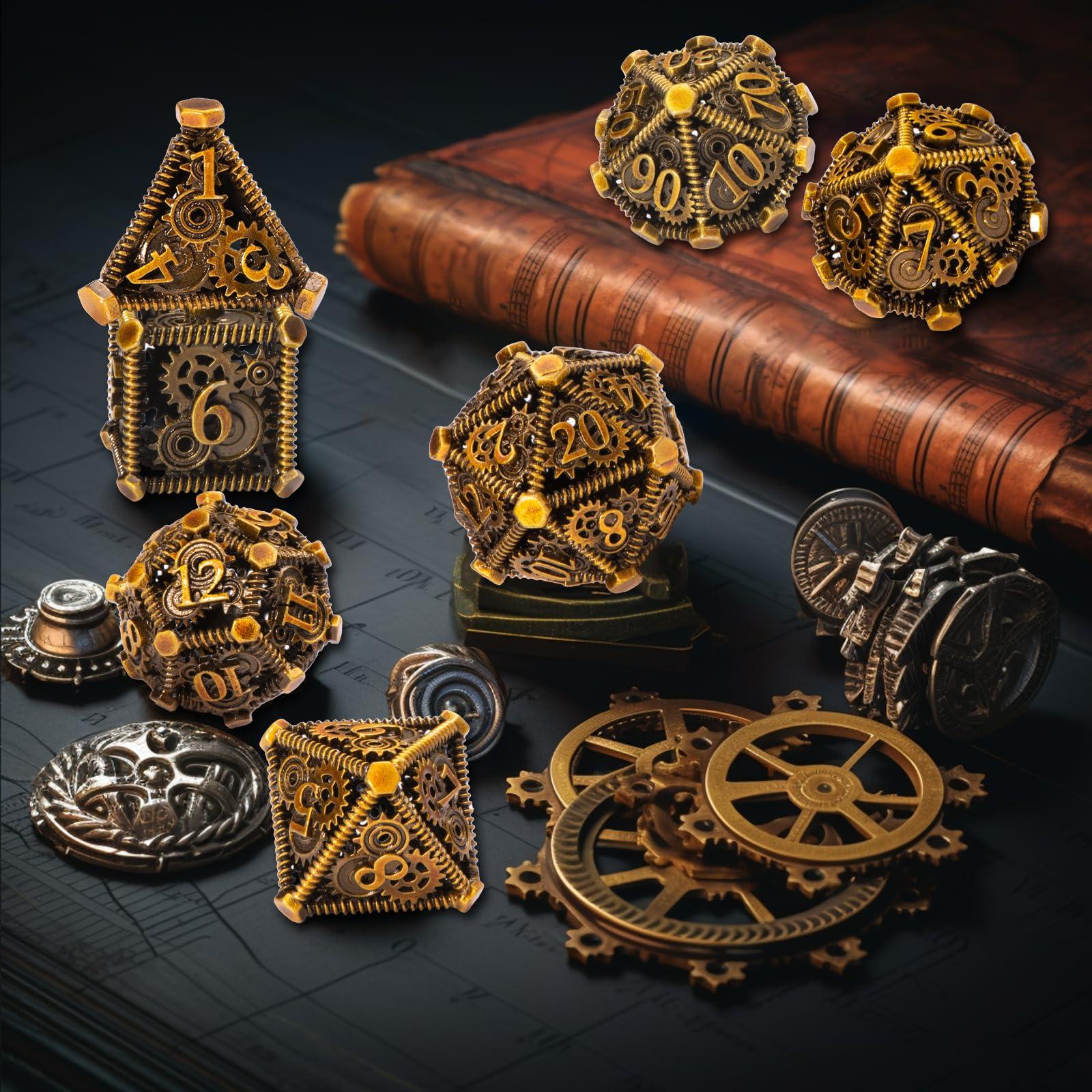DND Metal Dice Set, UBEUCK 7PCS Gear Metal DND Dice Set for Dungeons & Dragons Board Games Boxes (Gear Ancient Golden) - Image 2