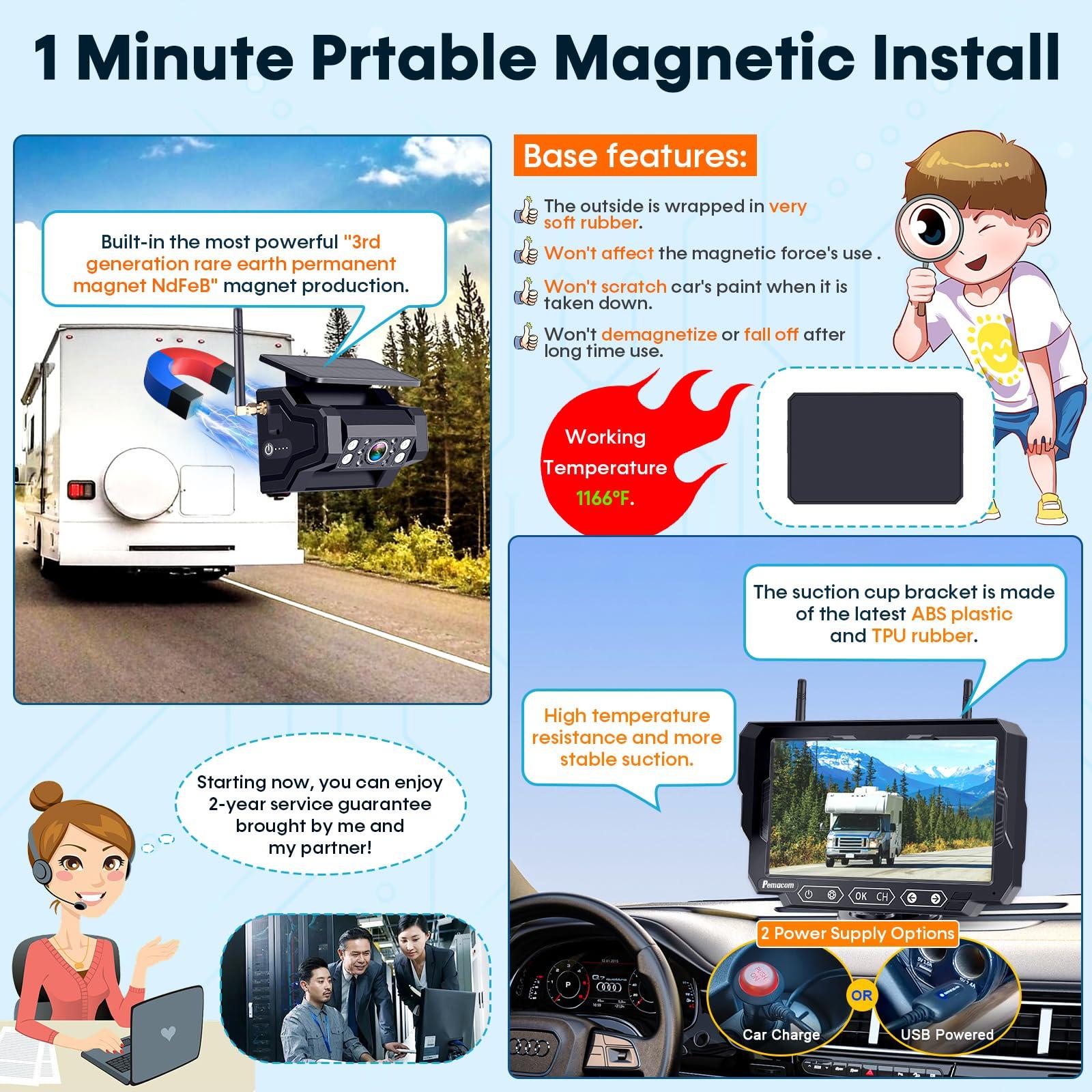 Magnetic Solar Wireless Backup Camera: 7" Portable 1 Min Easy Install Scratch-Proof No Delay Backup Camera for Truck Rechargeable HD 1080P for Trailer Small RV Camper Pemacom P15 - Image 2