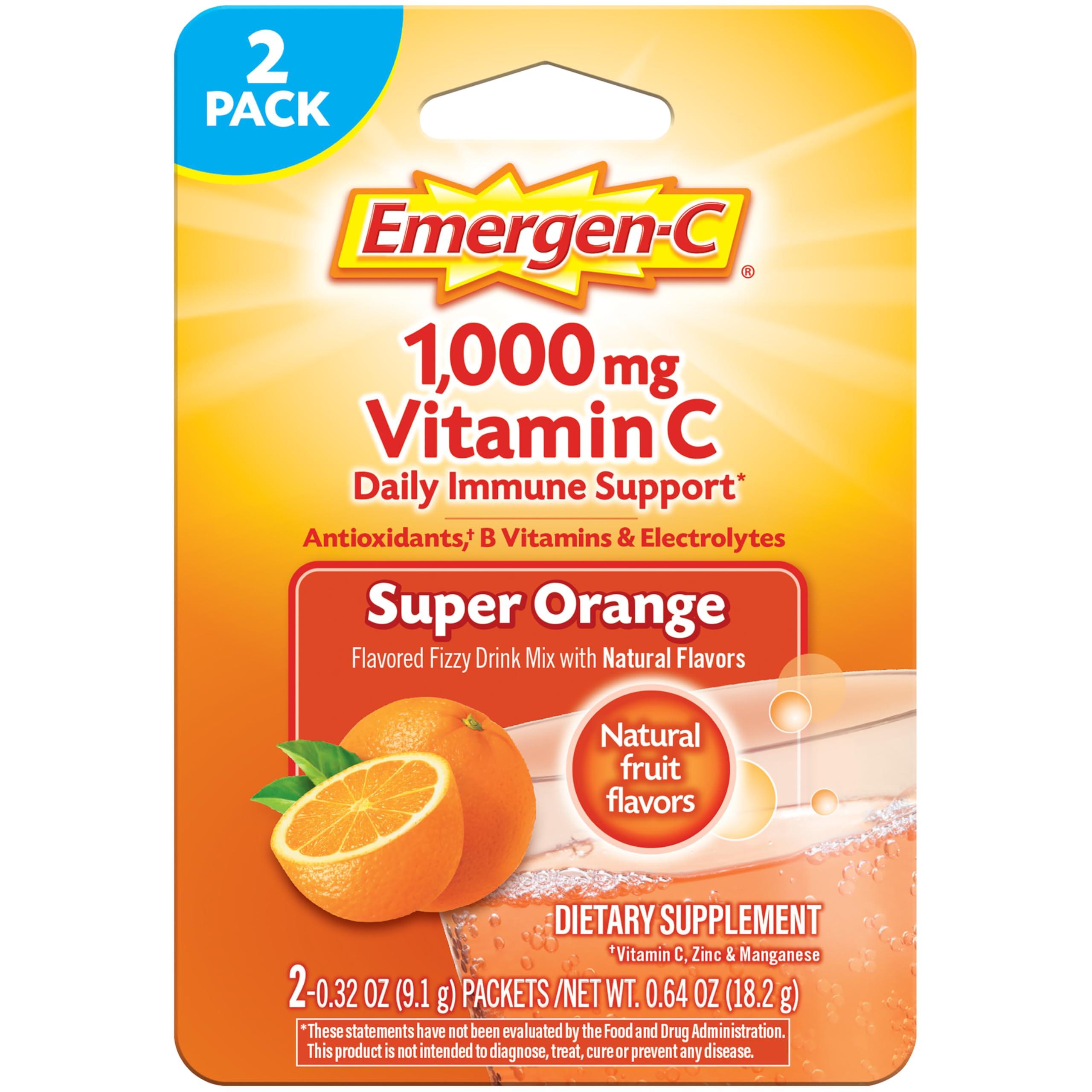 Emergen-C 1000mg Vitamin C Powder for Daily Immune Support Caffeine Free Vitamin C Supplements with Zinc and Manganese, B Vitamins and Electrolytes, Super Orange Flavor - 2 Count - Image 1