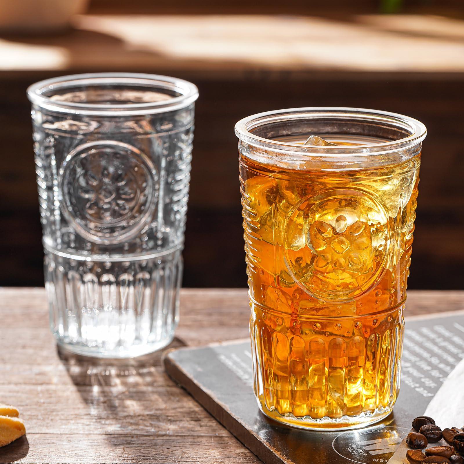 Claplante Vintage Drinking Glasses, 6 pcs 10oz Embossed Designed Highball Glasses, Glass Cups, Tall Water Tumbler, Mojito Cup, Cocktail, Vintage Glassware Set for Whiskey, Juice, Cocktail - Image 2
