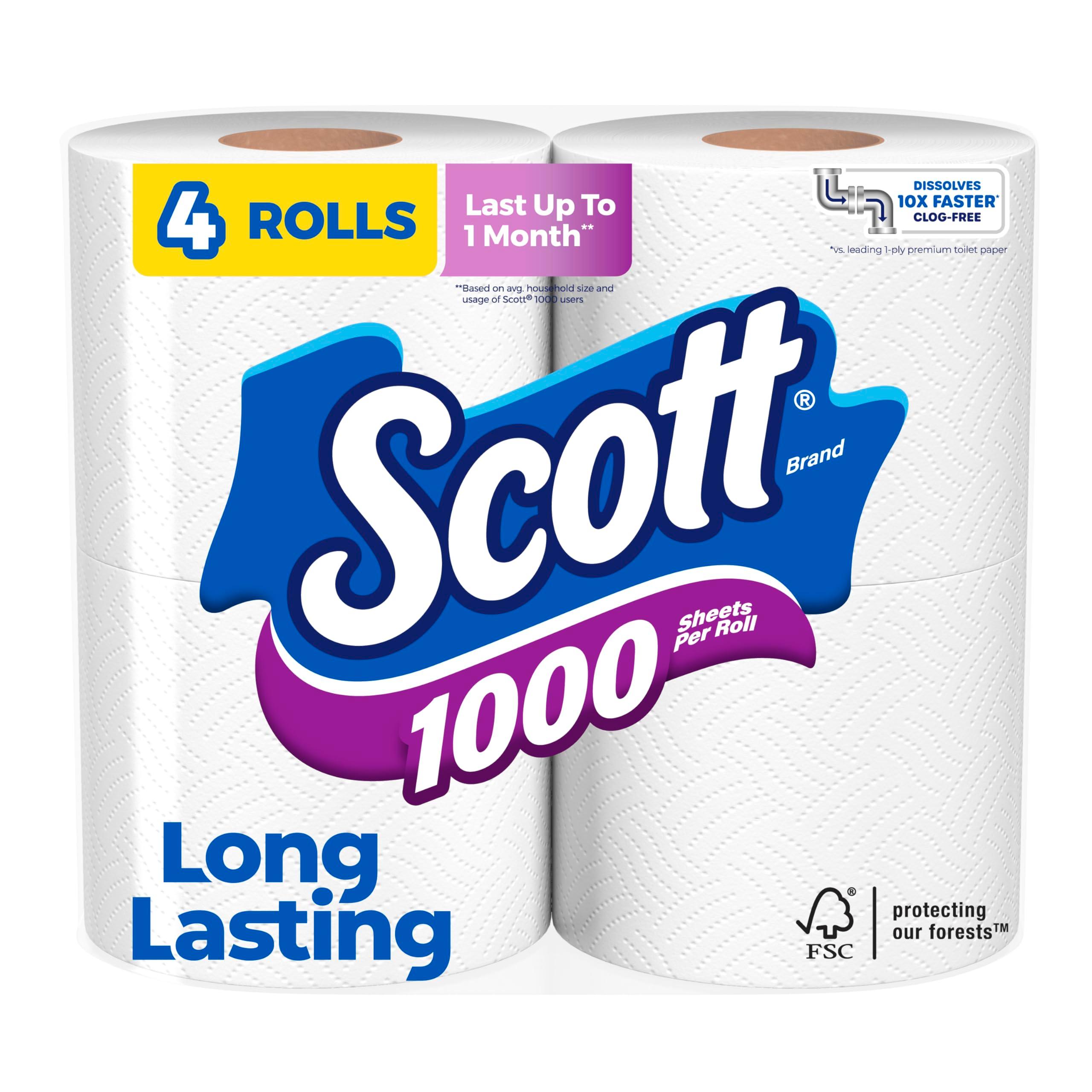 Scott 1000 Sheets Per Roll Toilet Paper, 4 Rolls, Bath Tissue