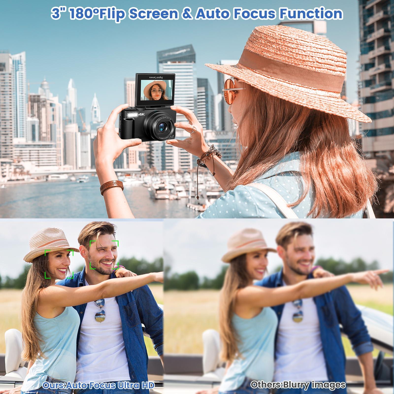 4K Digital Camera for Photography with 3" 180°Flip Screen,64MP Vlogging Camera for YouTube, HD WiFi Compact Camera with Flash, 18X Digital Zoom, 32GB TF Card & 2 Batteries（Black） - Image 2