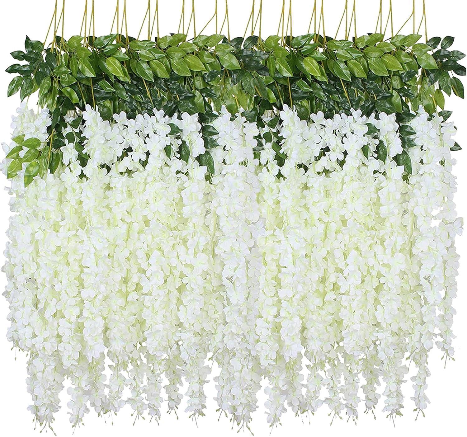 WEIDOLLAR Wisteria Hanging Flowers, 60 Packs Artificial Wisteria Vines Fake Garland Silk Flower String for Wedding Party Garden Outdoor Greenery Home Wall Decoration