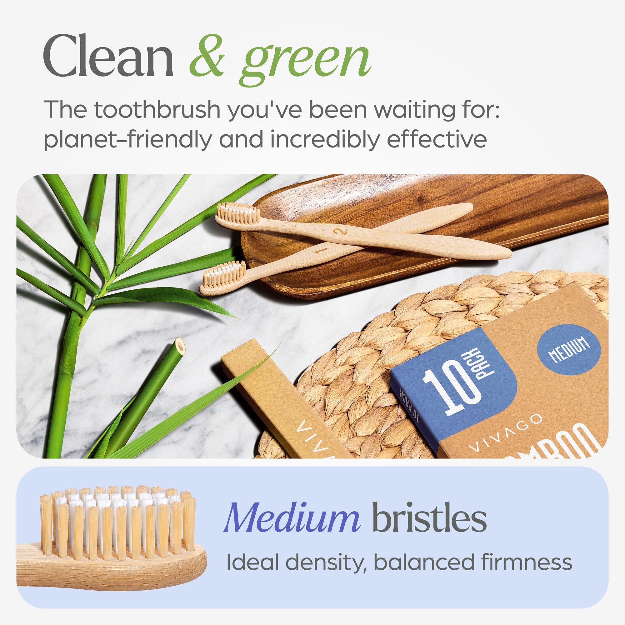 VIVAGO Bamboo Toothbrushes Medium Bristles 10 Pack - BPA Free Medium Bristles Toothbrushes for Adults - Eco-Friendly, Natural Wooden Toothbrush - Image 2