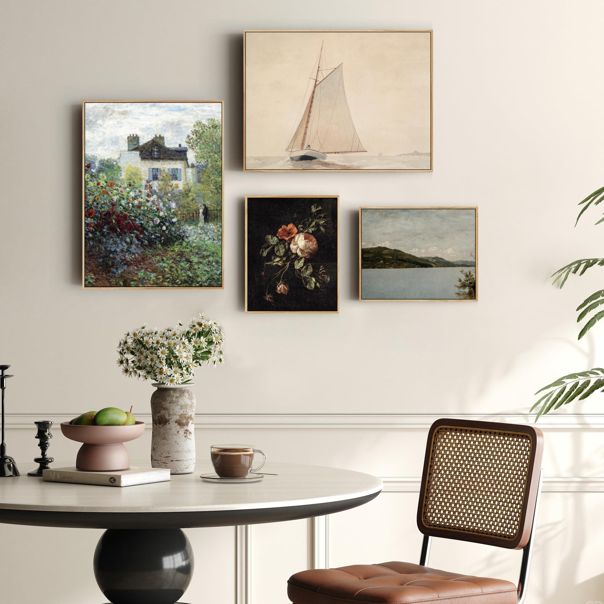 crmotu Framed Canvas Wall Art, Lake Landscape Vintage Large Artwork, Nature Scenery Retro Art Prints, Mountain River Moody Wall Painting for Living Room Bedroom Bathroom Office Decor Aesthetic 24x36in - Image 3