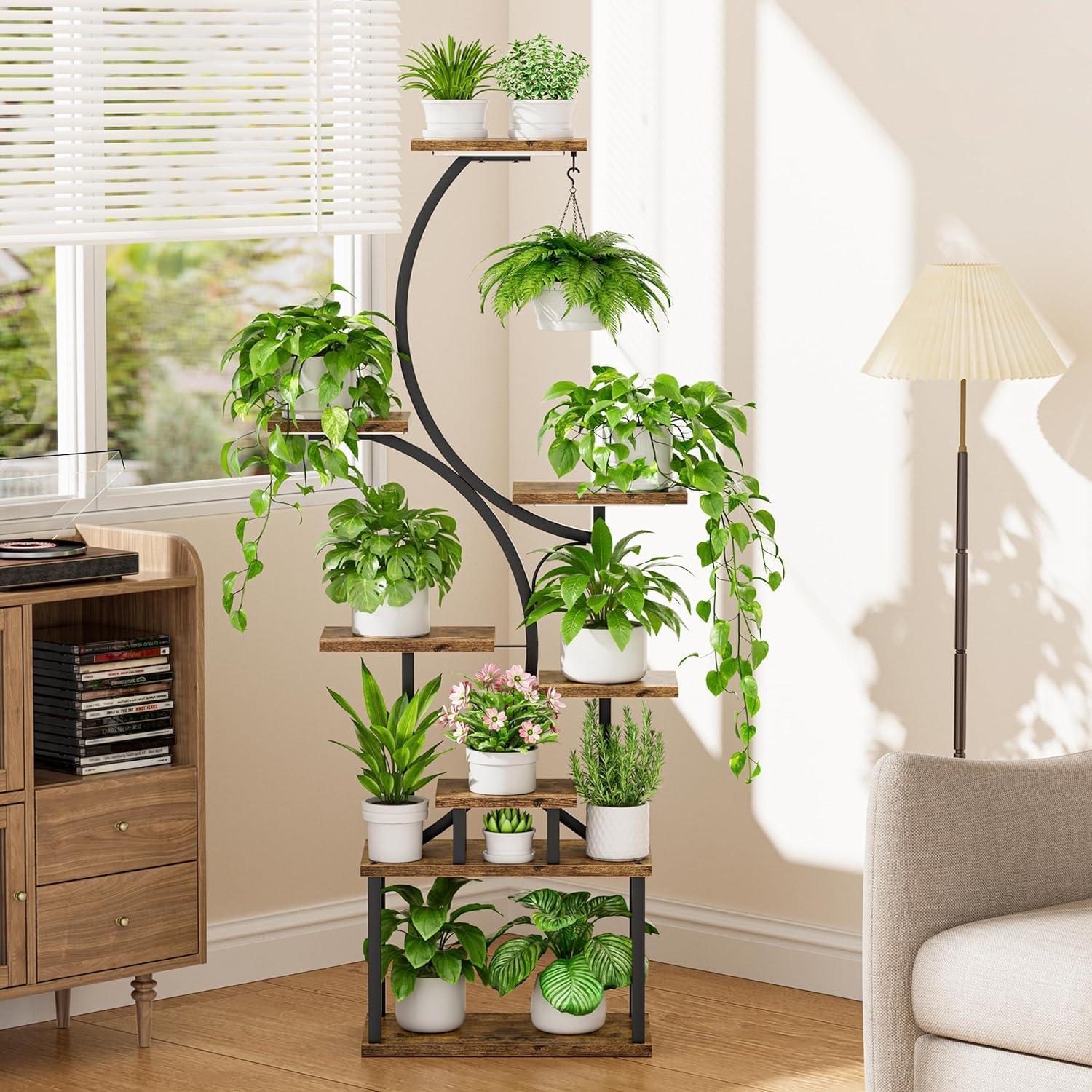 Plant Stand Indoor with Grow Lights - 62" Tall Plant Shelf, Lighted Corner Plant Stands for Indoor Growing, 8 Tiered Large Flower Holder, S-Shaped Decorative Rack for Living Room, Black, Patent Design - Image 6