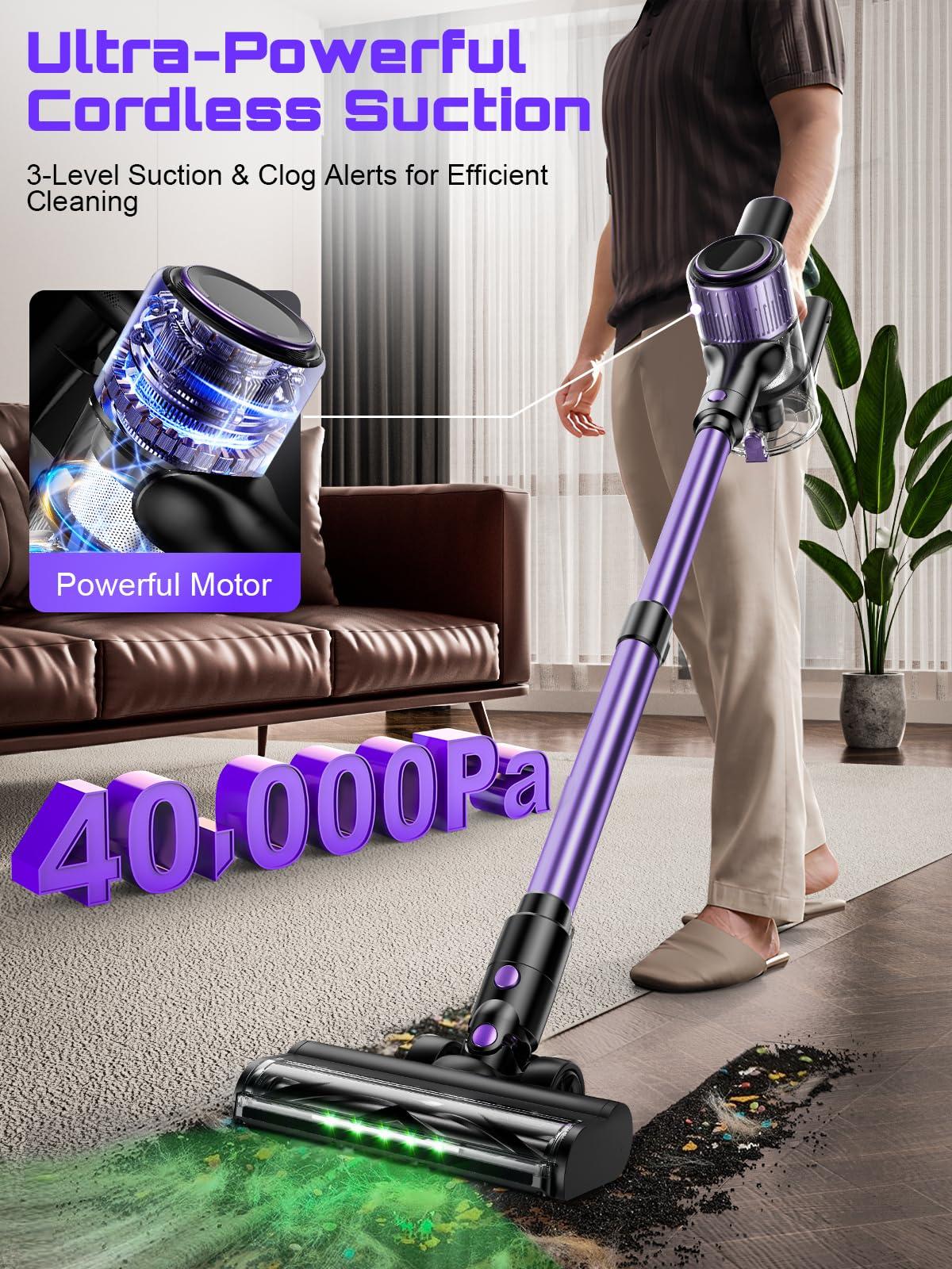 Cordless Vacuum Cleaner, 10 in 1 Stick Vacuum with Powerful Suction, Hose, Green LED Light, Anti-Tangle Brush, Lightweight Rechargeable Vacuum Cleaner for Home, Hardwood Floors, Carpets, Pet Hair - Image 2