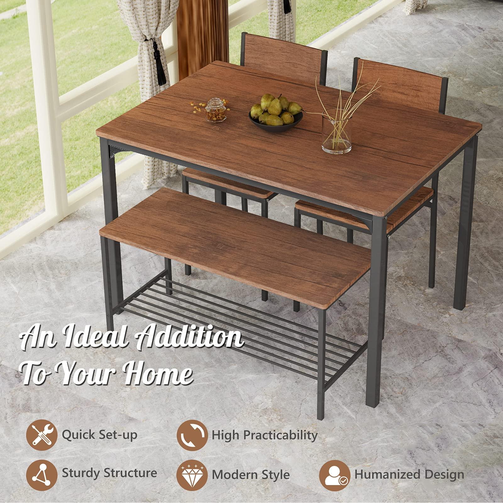 Giantex Dining Table Set for 4, 43" Kitchen Table and Chairs, Dining Bench with Metal Frame & Storage Rack, 4-Piece Modern Functional Desk Set for Dinette, Small Space, Apartment, Restaurant, Brown - Image 4