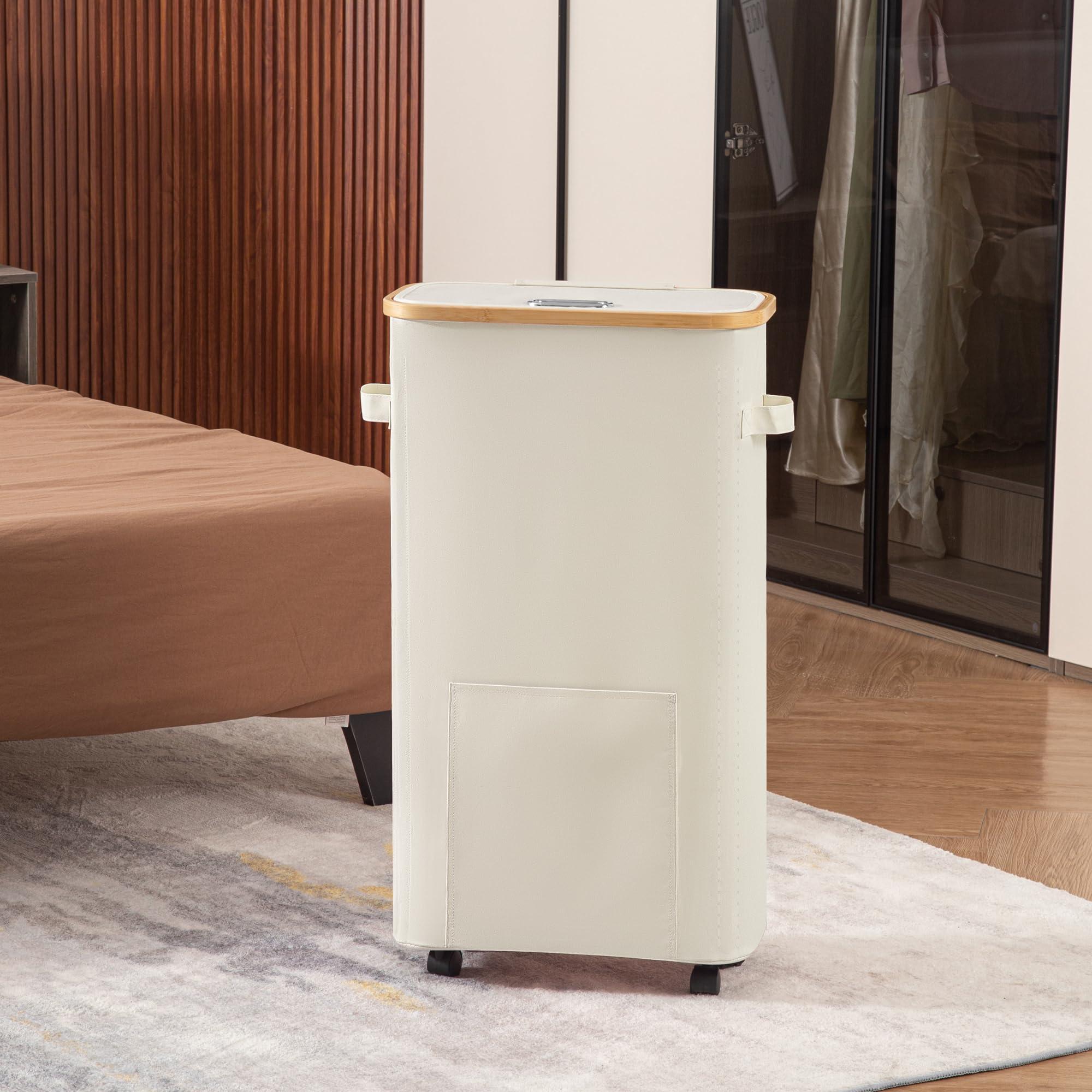 Vincona Slim Laundry Basket with Wheels, Tall Dirty Clothes Hamper on Wheels, Narrow Rolling Laundry Hamper with lid for Dorm, Bedroom and Bathroom, 65L Beige - Image 7