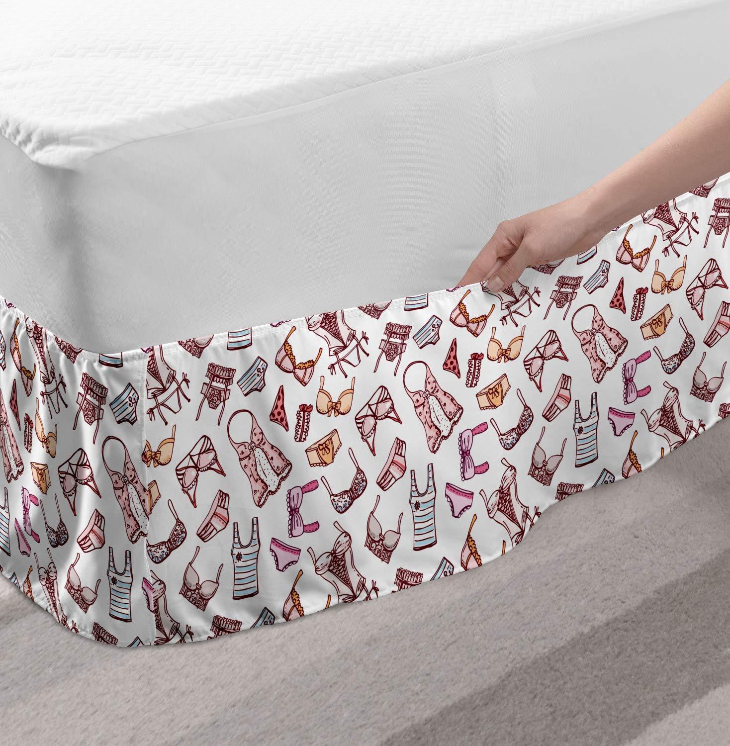 Lunarable Fashion Bed Skirt, Hand Drawn Style Underwear Pattern with Different Lingerie Pieces Feminine Glamor, Elastic Bedskirt Dust Ruffle Wrap Around for Bedding Decor, Queen, Multicolor - Image 3
