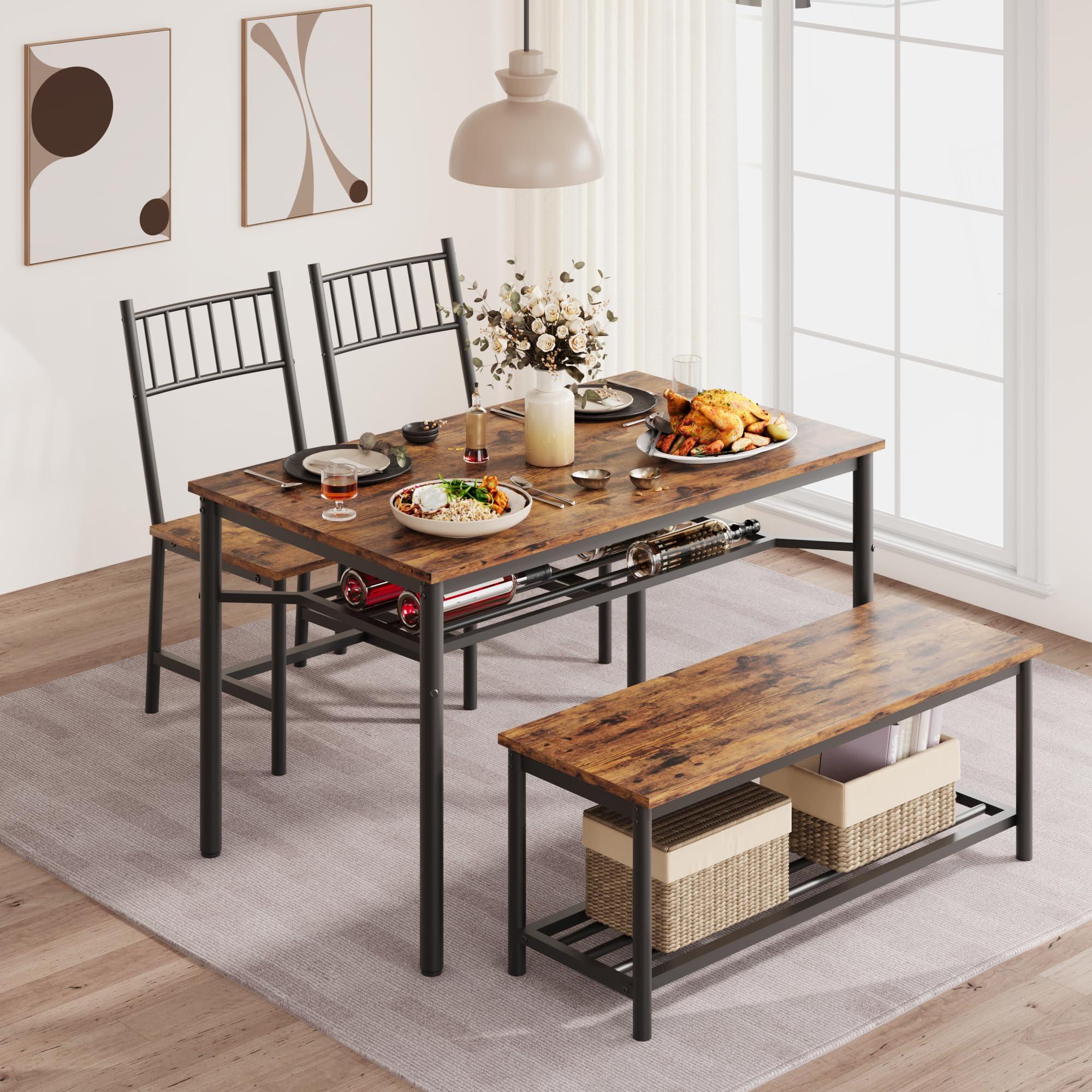Fancihabor Dining Table Set for 4, Kitchen Table and Chairs for 4 with Wine Rack, Rectangular Dining Room Table Set with Bench, 4 Piece Dining Table Set for Small Space, Apartment, Retro Brown - Image 3
