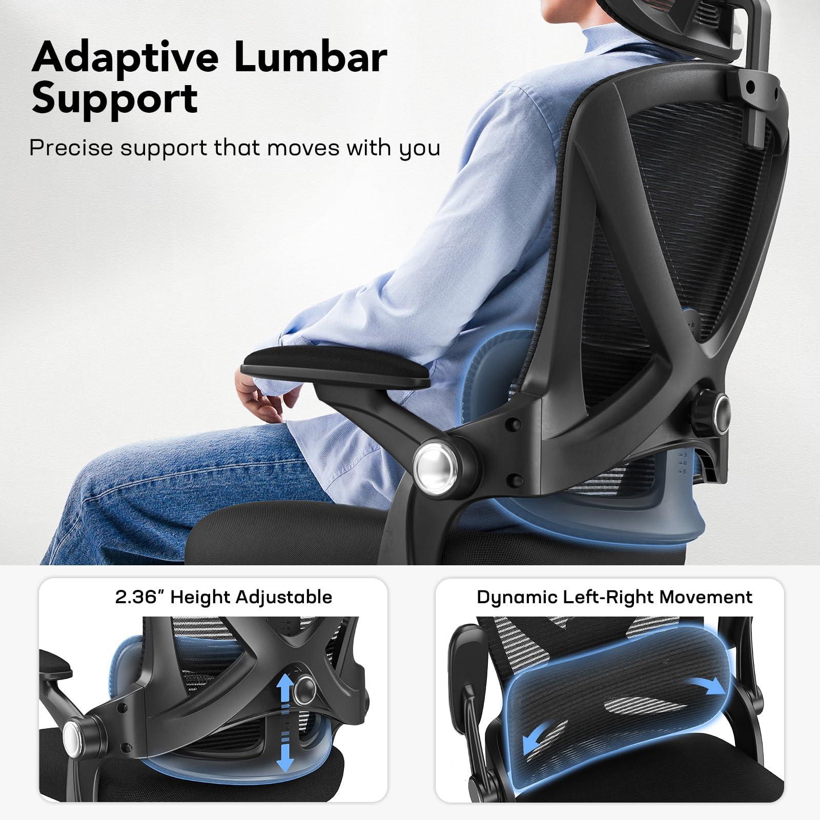 HUANUO Ergonomic Office Chair, High Back Desk Chair with Up&Down Lumbar Support, 3D Flip-Up Armrests, 2D Headrest, Swivel Computer Task Chair with Wheels and Tilt Function for Home & Office, HNOC13 - Image 5