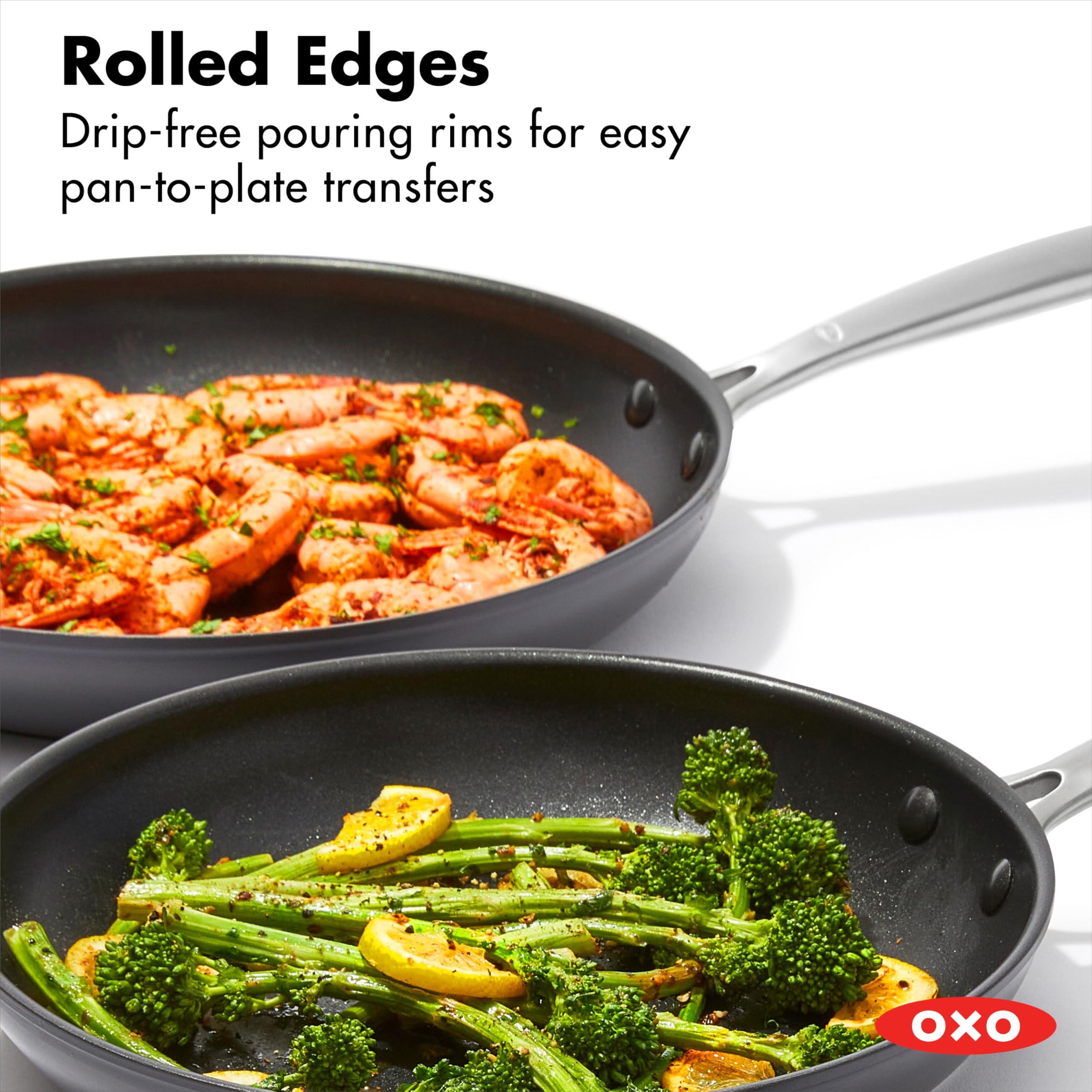 OXO 3 Piece Nonstick Frying Pan Skillet Set,  8" 10" and 12" Ceramic PFAS-Free Cookware, Stainless Steel Handle, Dishwasher Safe, Oven Safe, Black - Image 6