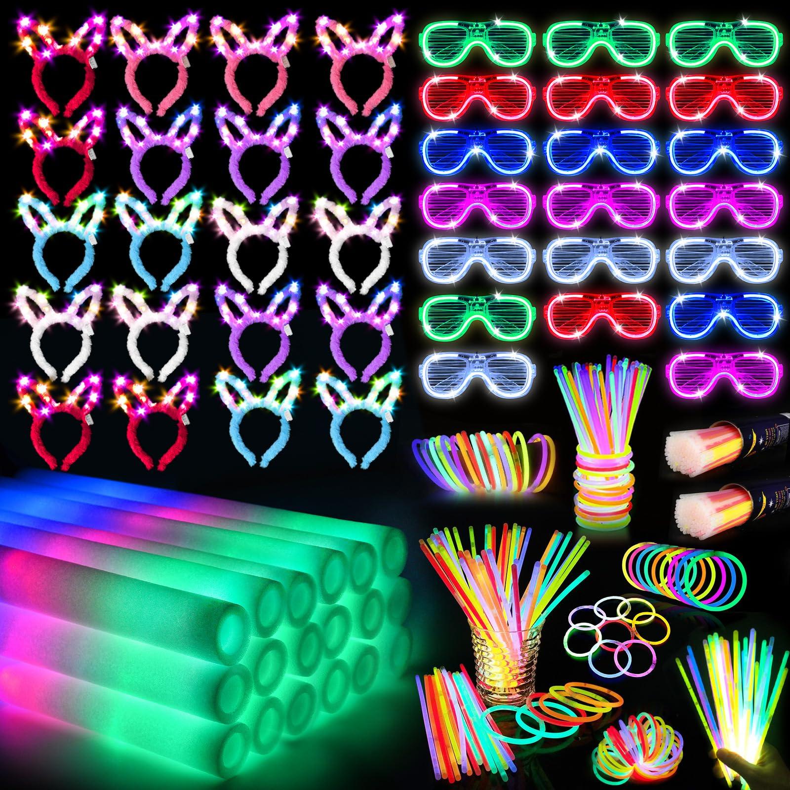 SHQDD 260 PCS Glow in the Dark Party Supplies, New Year Party Favors - 20 Foam Glow Sticks, LED Glasses, Bunny Ear Headbands and 200 Glow Sticks for Kids or Adults