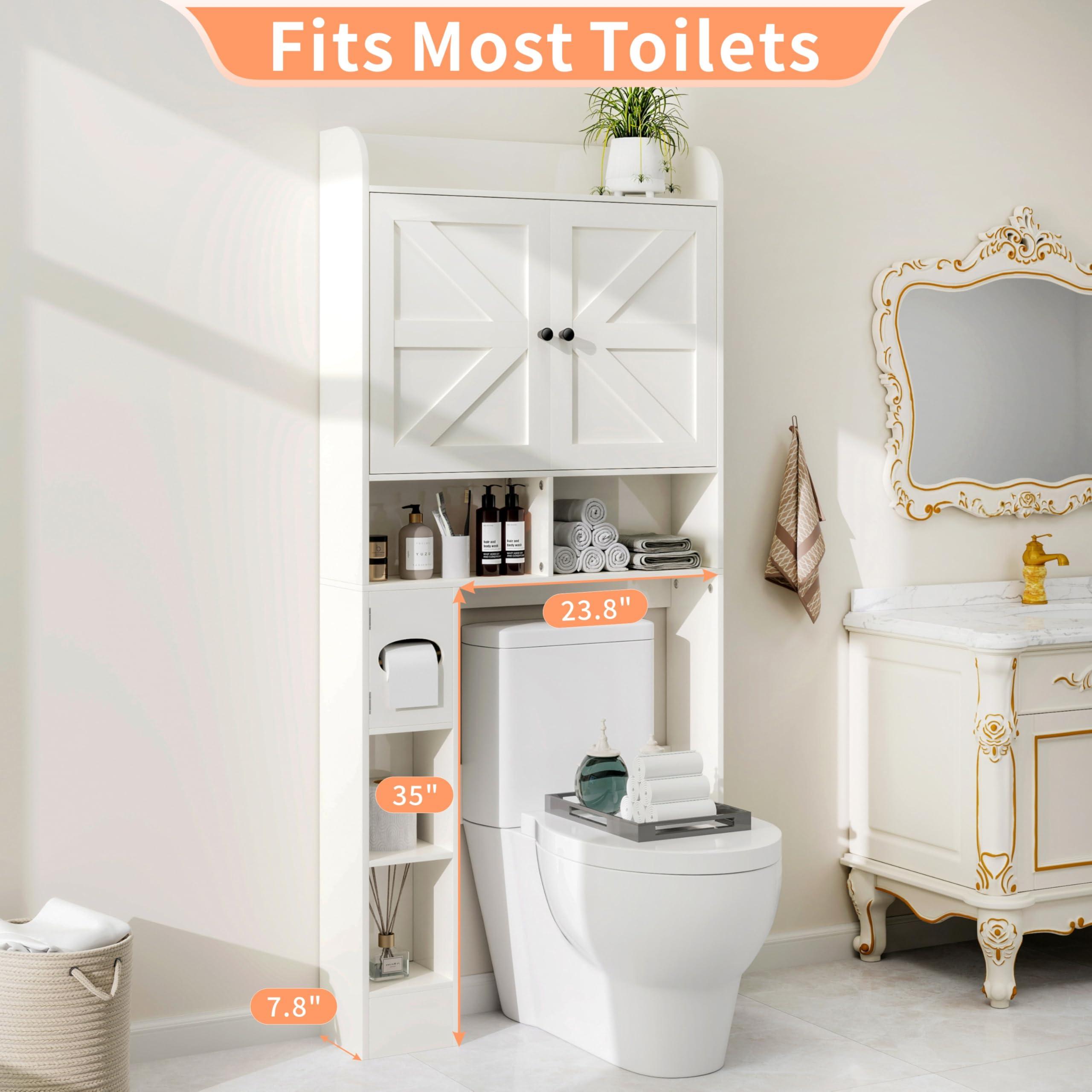 MUUEGM Over The Toilet Storage Cabinet with Barn Doors, White Bathroom Organizer Shelf, Tall Bathroom Storage Cabinet with Toilet Paper Holder, Above Toilet Cabinet for Restroom, Laundry - Image 7