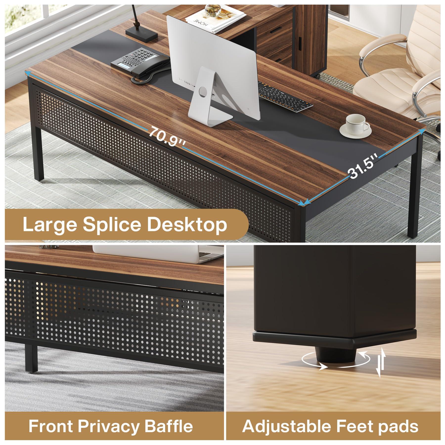 Tribesigns 70.8" Large Executive Office Desk and 47" Lateral File Cabinet Combo, L-Shaped Computer Desk 2 Piece Business Furniture with Drawers and Shelves, Home Office Workstation, Walnut - Image 5