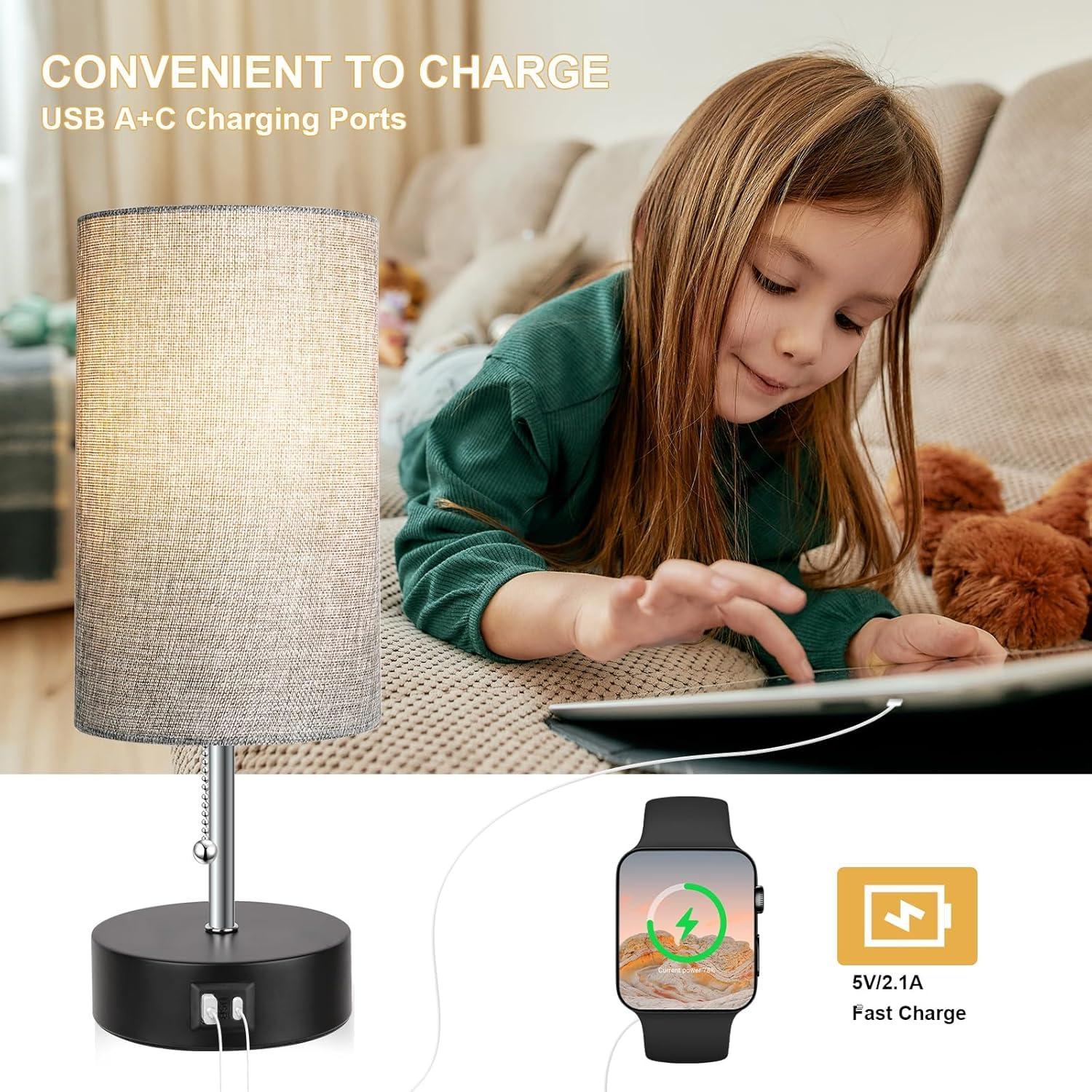 3-Color Temperature Bedside Lamp Nightstand Lamp with USB A Port and C Port, Table Lamp for Bedroom with LED Bulb Small Lamps for Living Room (Gray) - Image 5