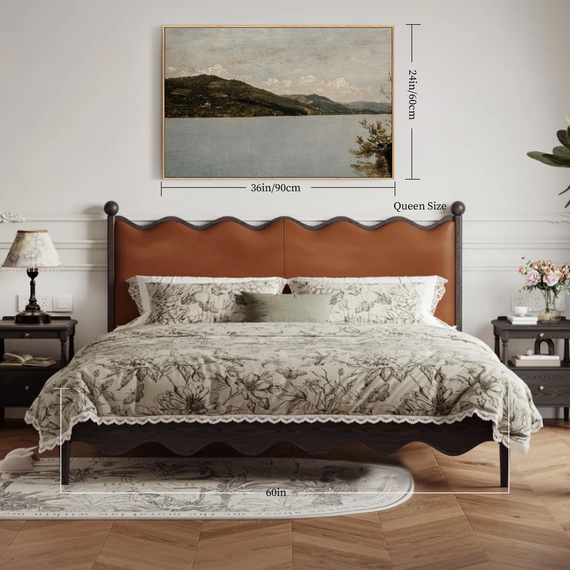 crmotu Framed Canvas Wall Art, Lake Landscape Vintage Large Artwork, Nature Scenery Retro Art Prints, Mountain River Moody Wall Painting for Living Room Bedroom Bathroom Office Decor Aesthetic 24x36in - Image 4