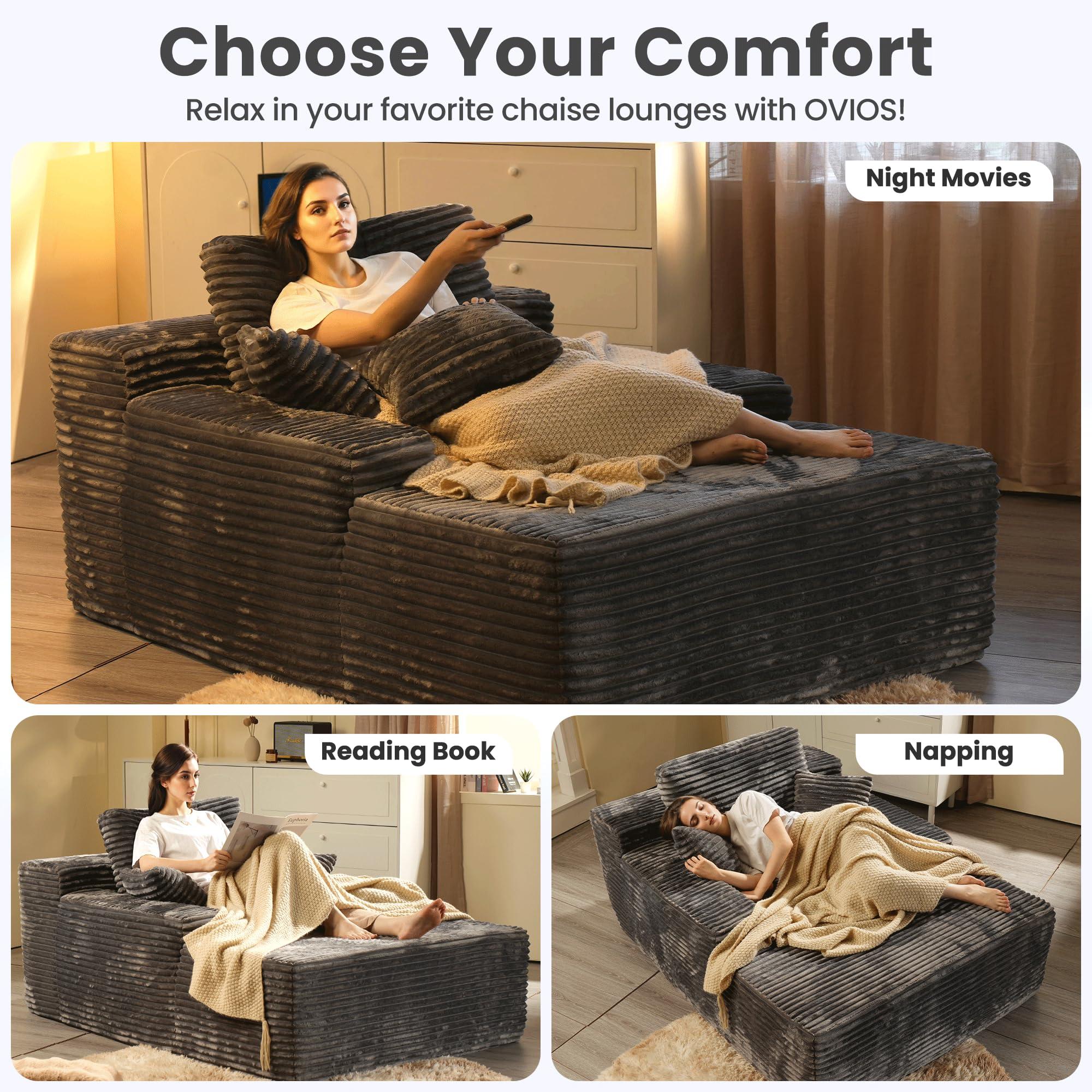 ovios 67'' Chaise Lounge Chair Indoor, Oversized Upholstered Sofa Bed, Sleeper Couch Reading Chairs Fluffy Plush Faux Fur Cloud Sofas Couches for Living Room, Grey - Image 3