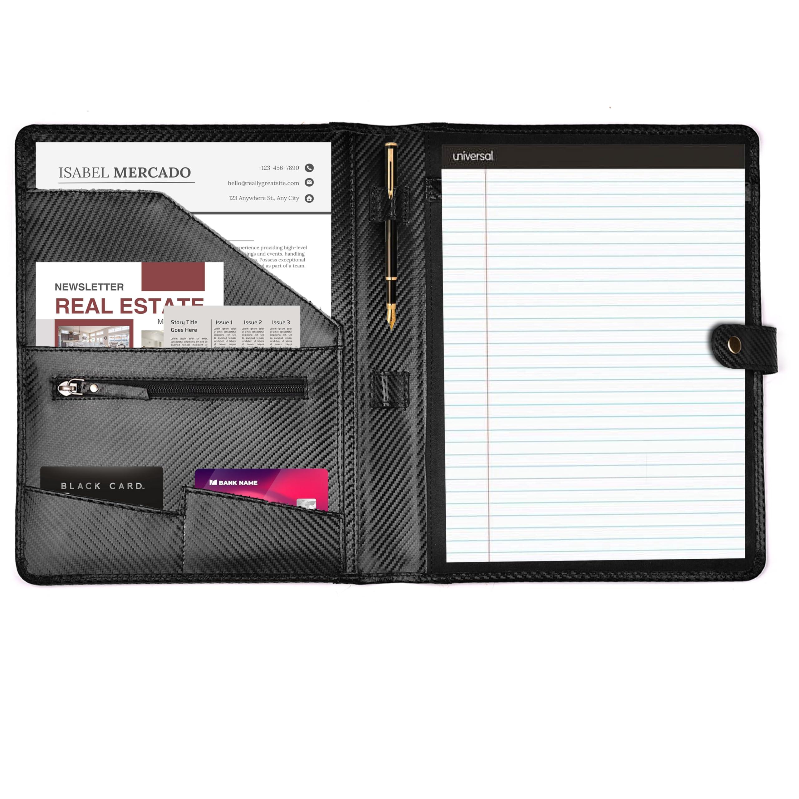LEATHER VILLAGE Portfolio Professional Organizer – Carbon Fiber Genuine Leather Padfolio Resume Folder for A4 Letter Pad with Pen Holder, Business Card Slots – Ideal for Men & Women - Black - Image 5