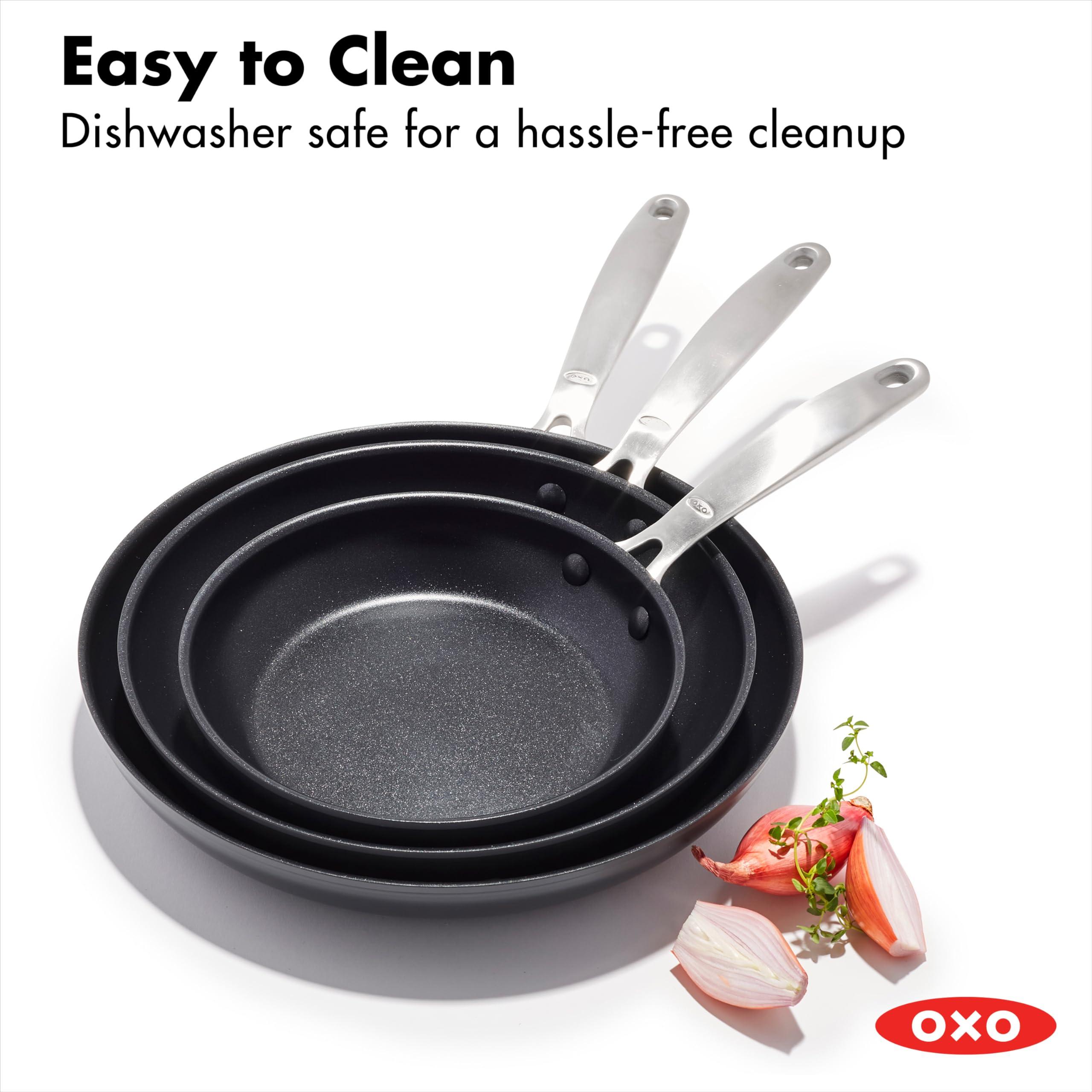 OXO 3 Piece Nonstick Frying Pan Skillet Set,  8" 10" and 12" Ceramic PFAS-Free Cookware, Stainless Steel Handle, Dishwasher Safe, Oven Safe, Black - Image 7