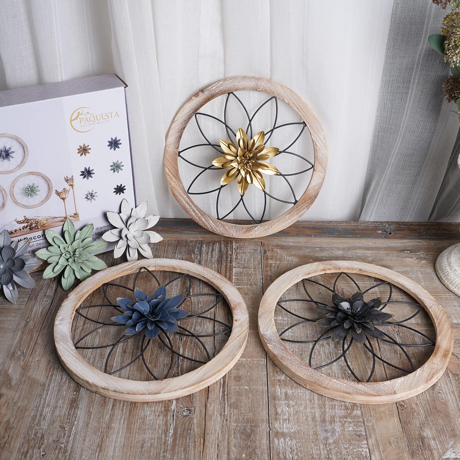 Paquesta 3 Piece Round Farmhouse Wall Decor with 6 Piece Interchangeable Flowers 12'' Medallion Wood & Metal Rustic Wall Art for Living Room Bedroom Kitchen Bathroom Dining Room Home Decorations - Image 6