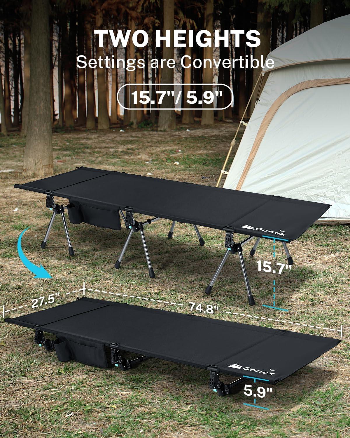 Gonex Camping Cot with Leg Extenders 2 in 1 Portable Ultralight Folding Cot for Adults Adjustable Height Supports 350lbs Sleeping Bed for Backpacking Travel Beach Home 74.8"x27.5" - Image 4