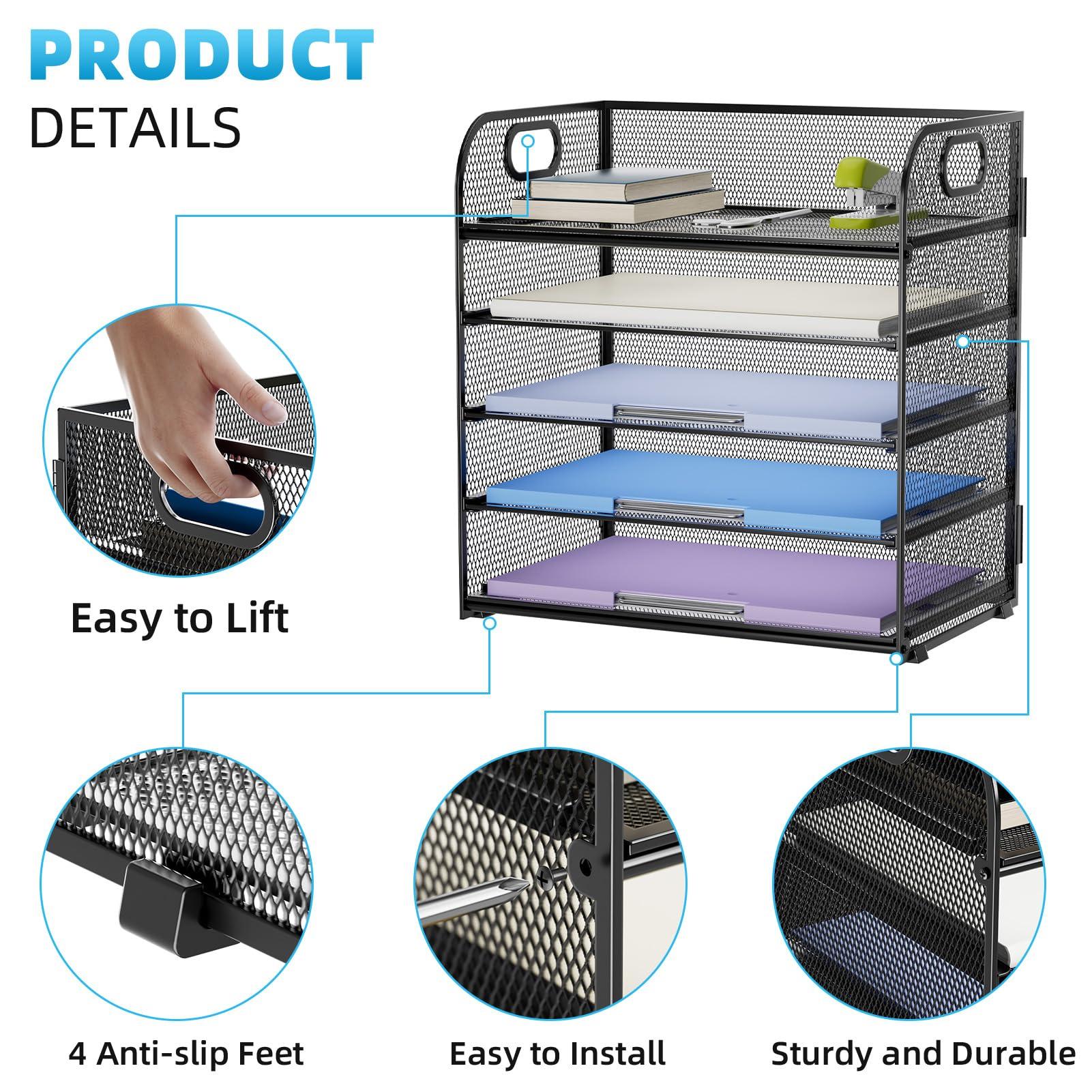 Marbrasse 5 Tier Paper Organizer Letter Tray, Mesh Desk File Organizer with Handle, Paper Sorter Desk Organizer for Home Office Supplies(Black) - Image 5