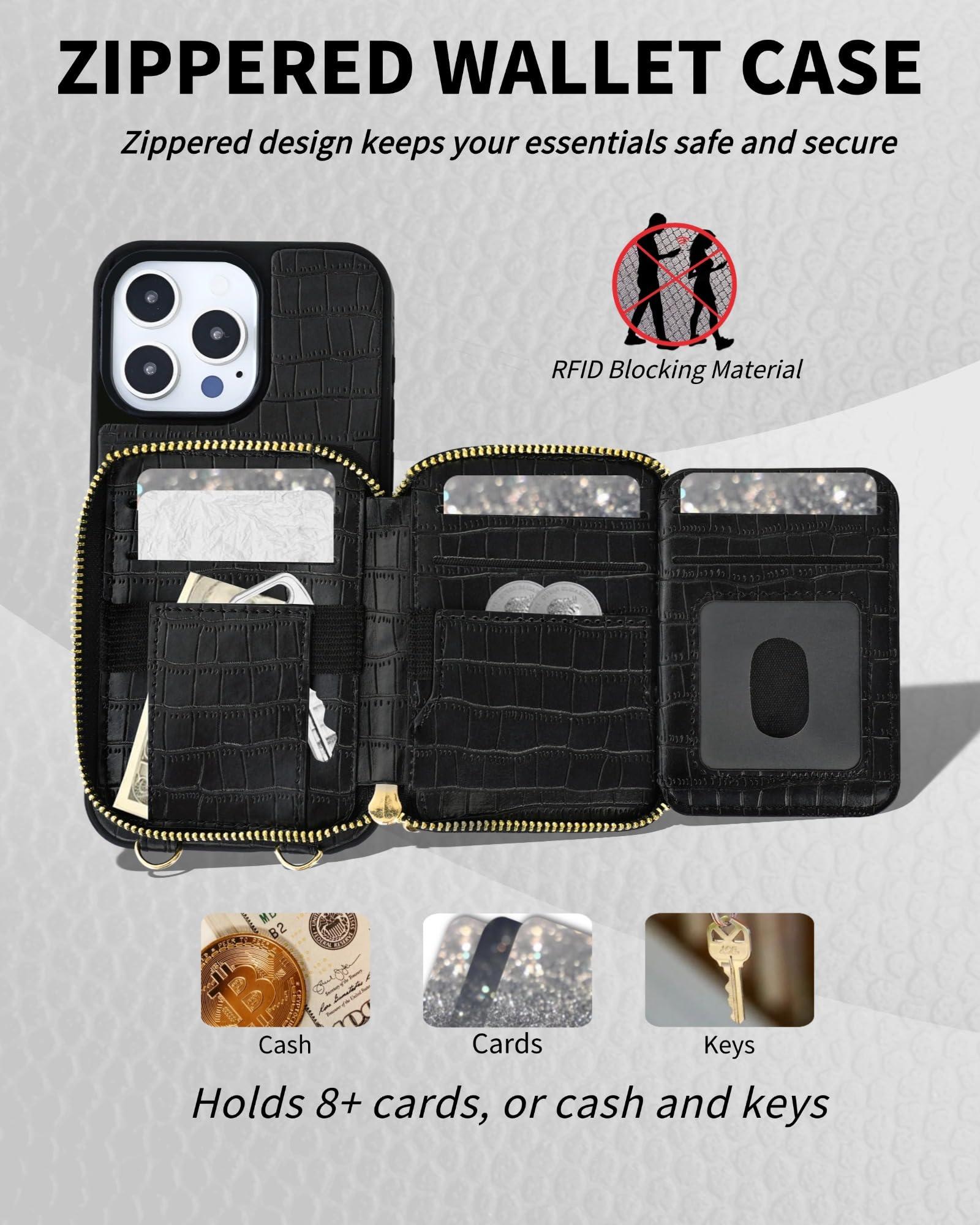 Stylivolve Crossbody Mirror Case Wallet for iPhone 16 Pro Max with Strap, RFID Blocking Card Holder, Zippered Purse Phone Cover for Women - 6.9", (Black) - Image 3