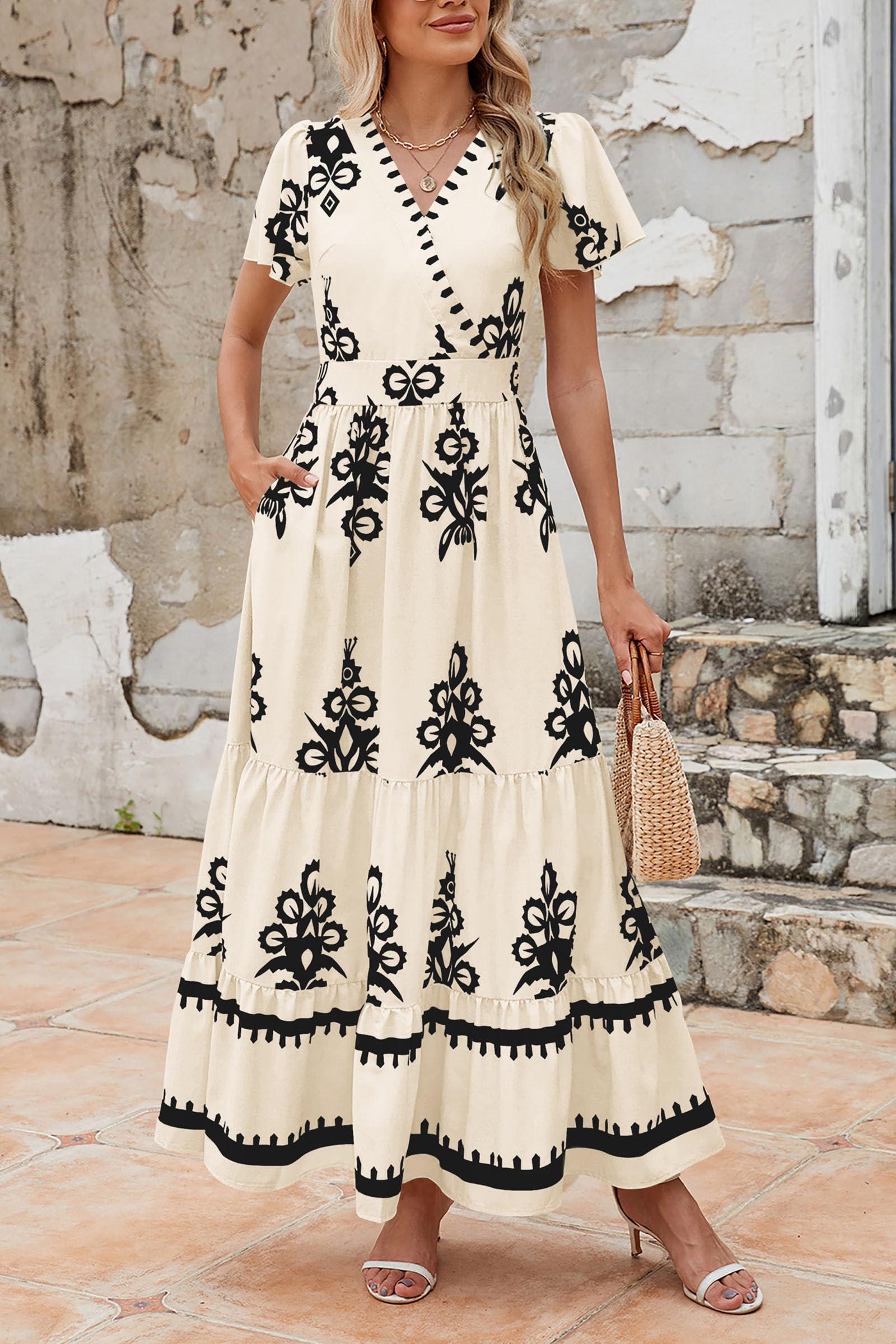 PRETTYGARDEN Womens 2025 Summer Casual V Neck Boho Maxi Dress Flowy Aline Bell Sleeve Tiered Floral Dresses with Pocket - Image 3