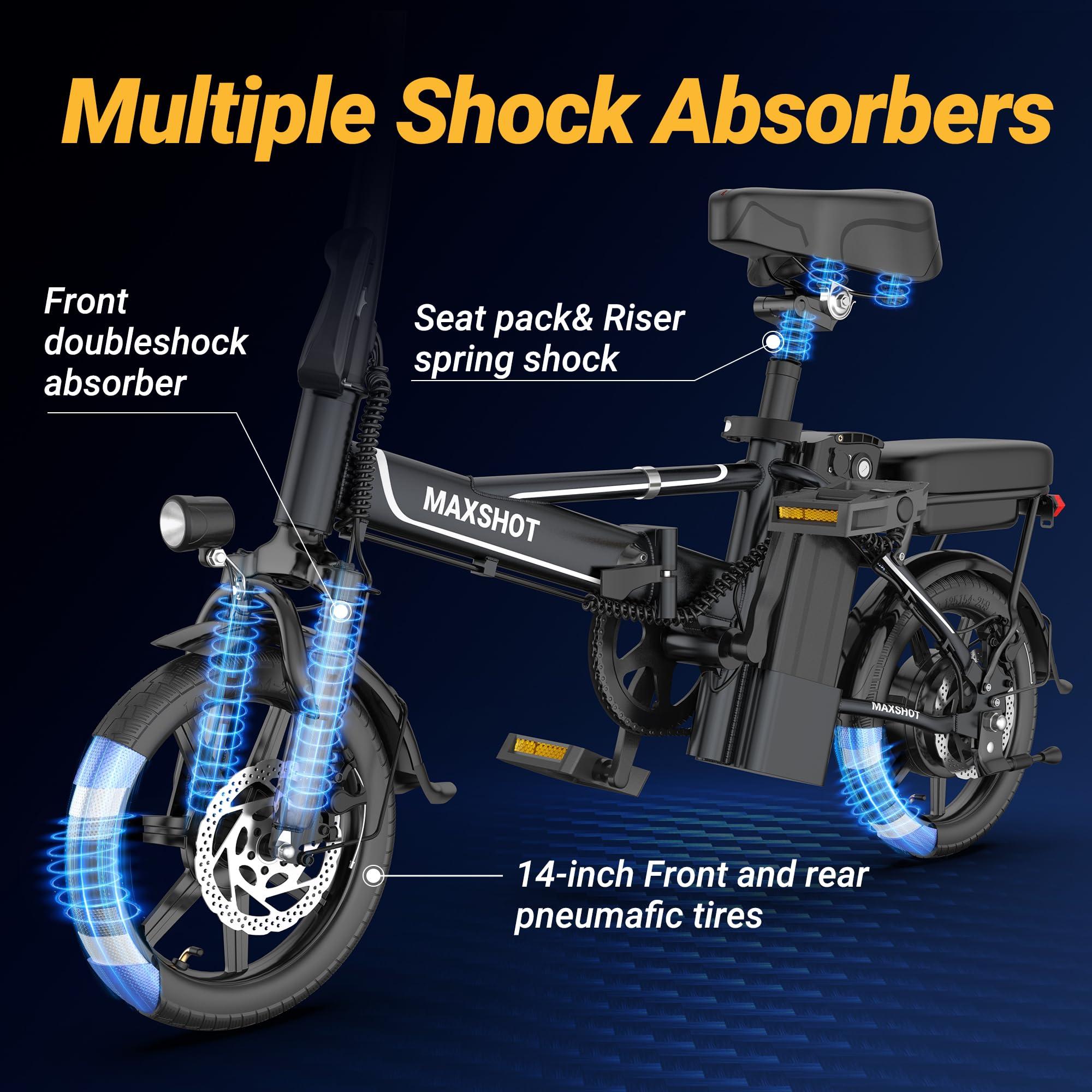 MAXSHOT Electric Bike for Adults,Electric Bicycles Max 28/40 Miles Ranges up to 22 MPH,14" Folding Ebike with Peak 750W Motor.ebike with 499.2/749WH Removable Battery, Front & Rear Suspension - Image 4
